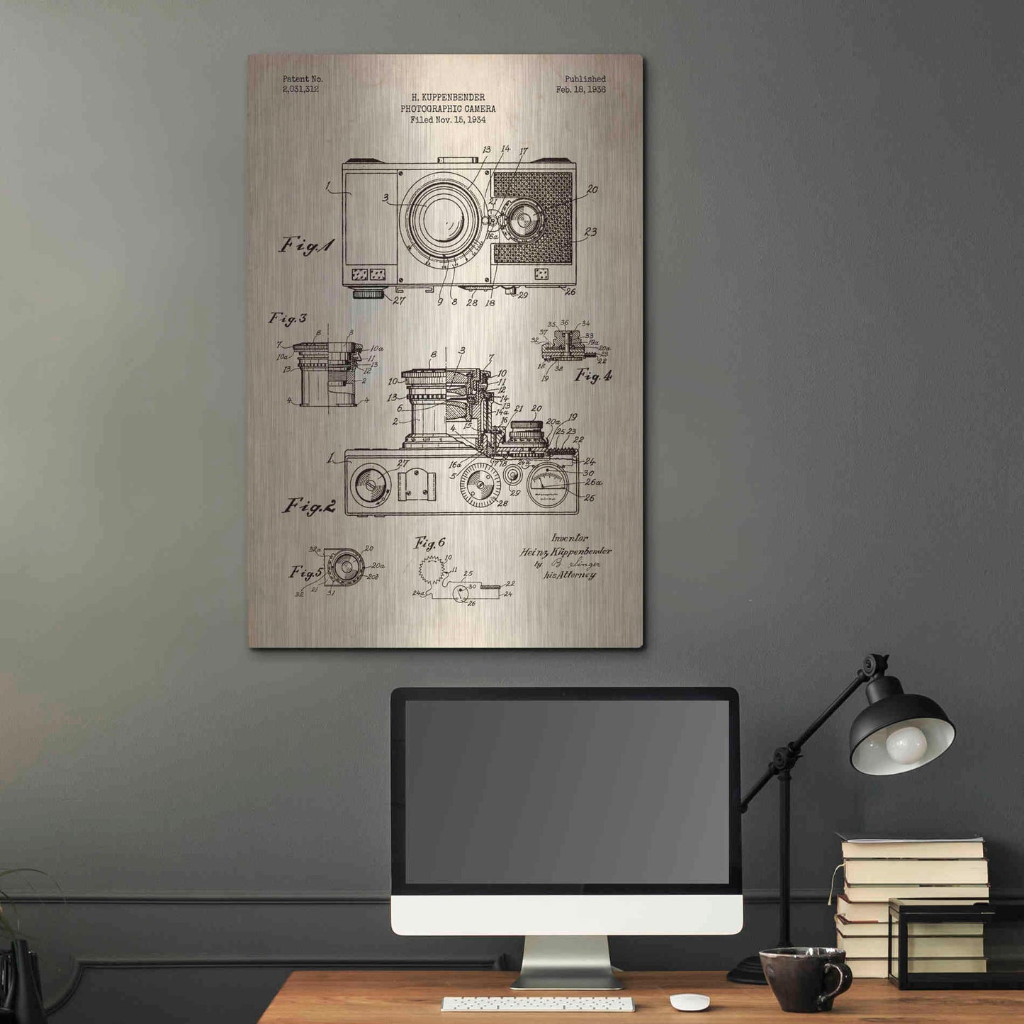 Luxe Metal Art 'Camera, 1936 Blueprint Patent Parchment' Metal Wall Art,24x36