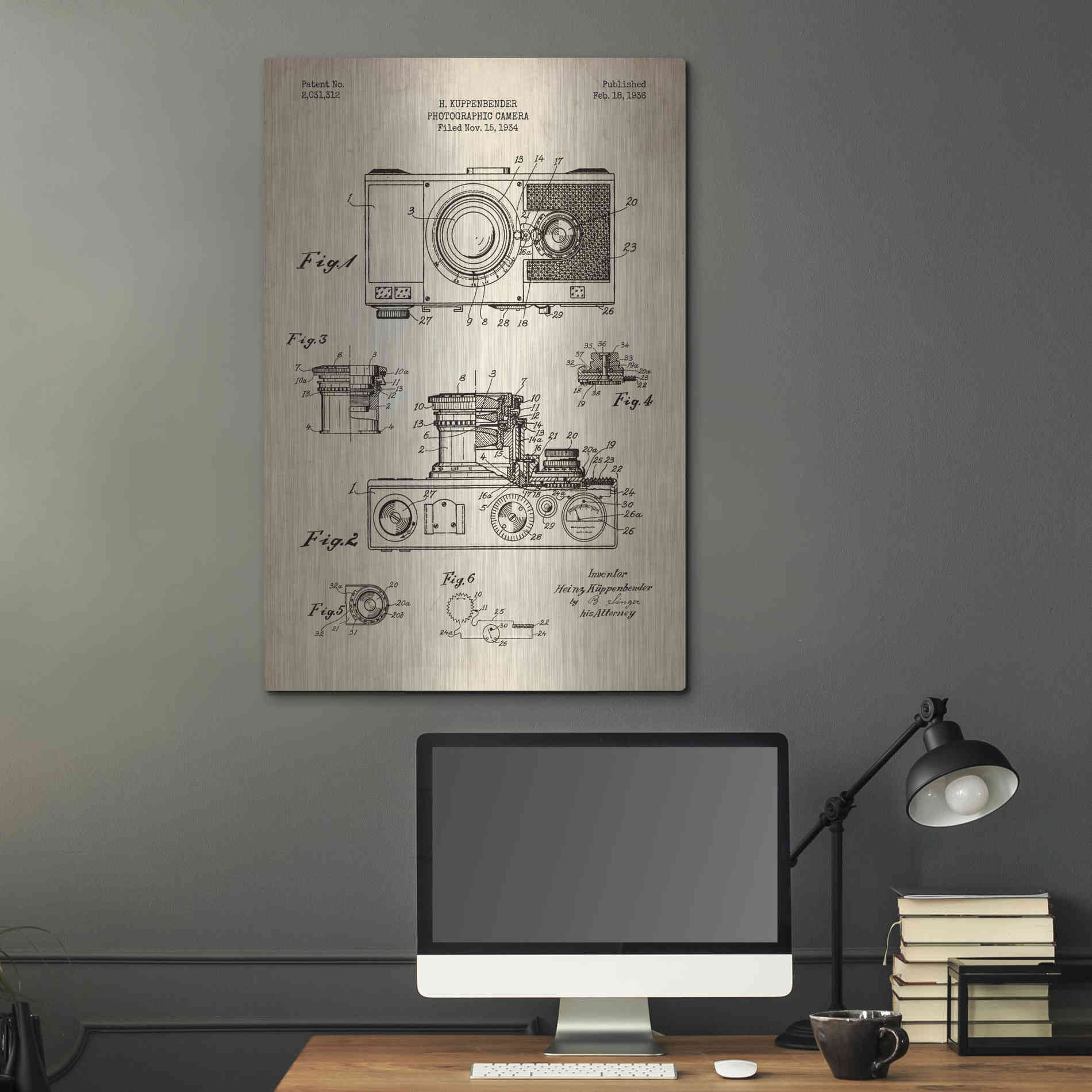 Luxe Metal Art 'Camera, 1936 Blueprint Patent Parchment' Metal Wall Art,24x36