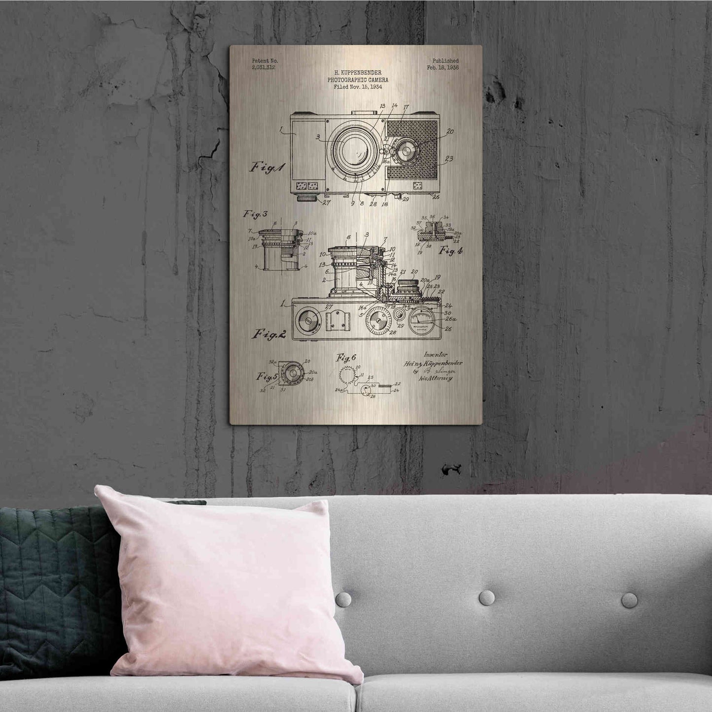 Luxe Metal Art 'Camera, 1936 Blueprint Patent Parchment' Metal Wall Art,24x36