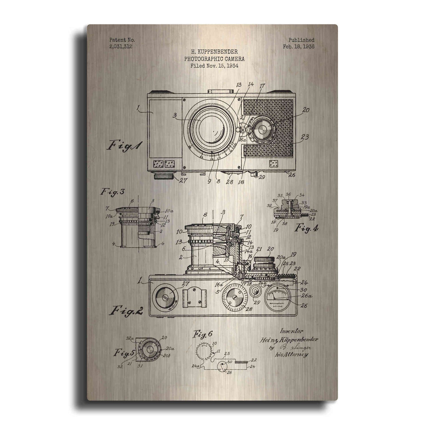 Luxe Metal Art 'Camera, 1936 Blueprint Patent Parchment' Metal Wall Art