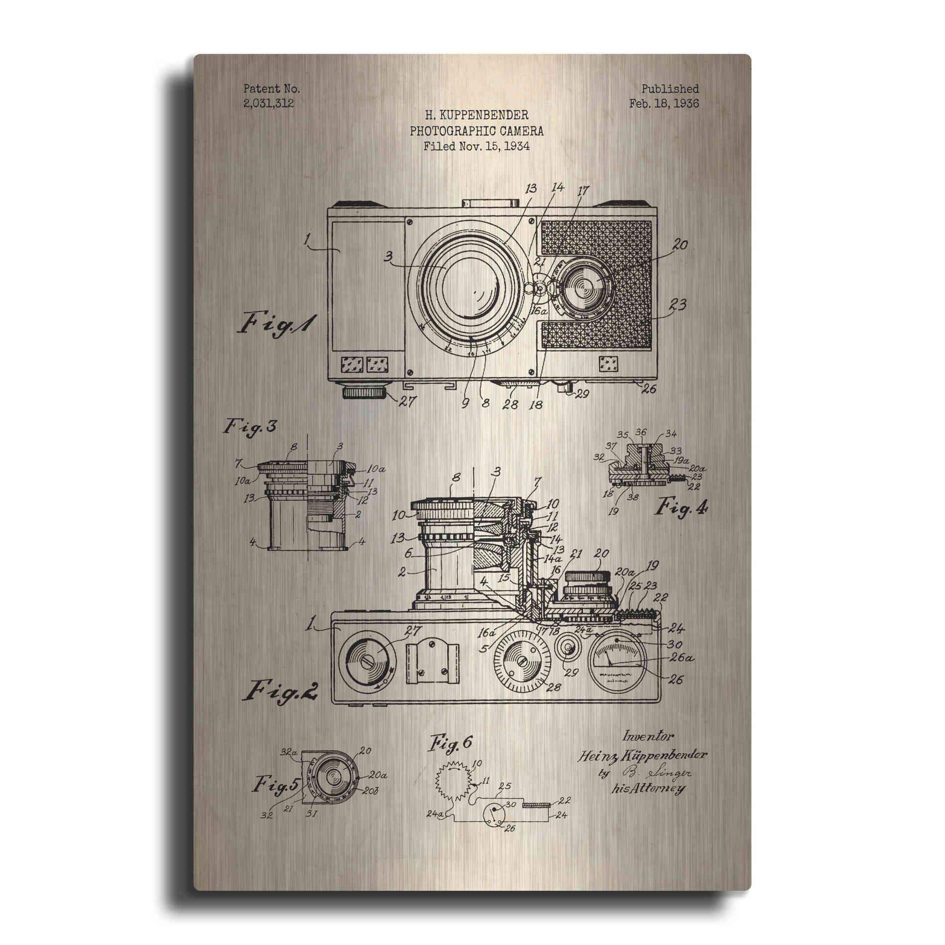 Luxe Metal Art 'Camera, 1936 Blueprint Patent Parchment' Metal Wall Art