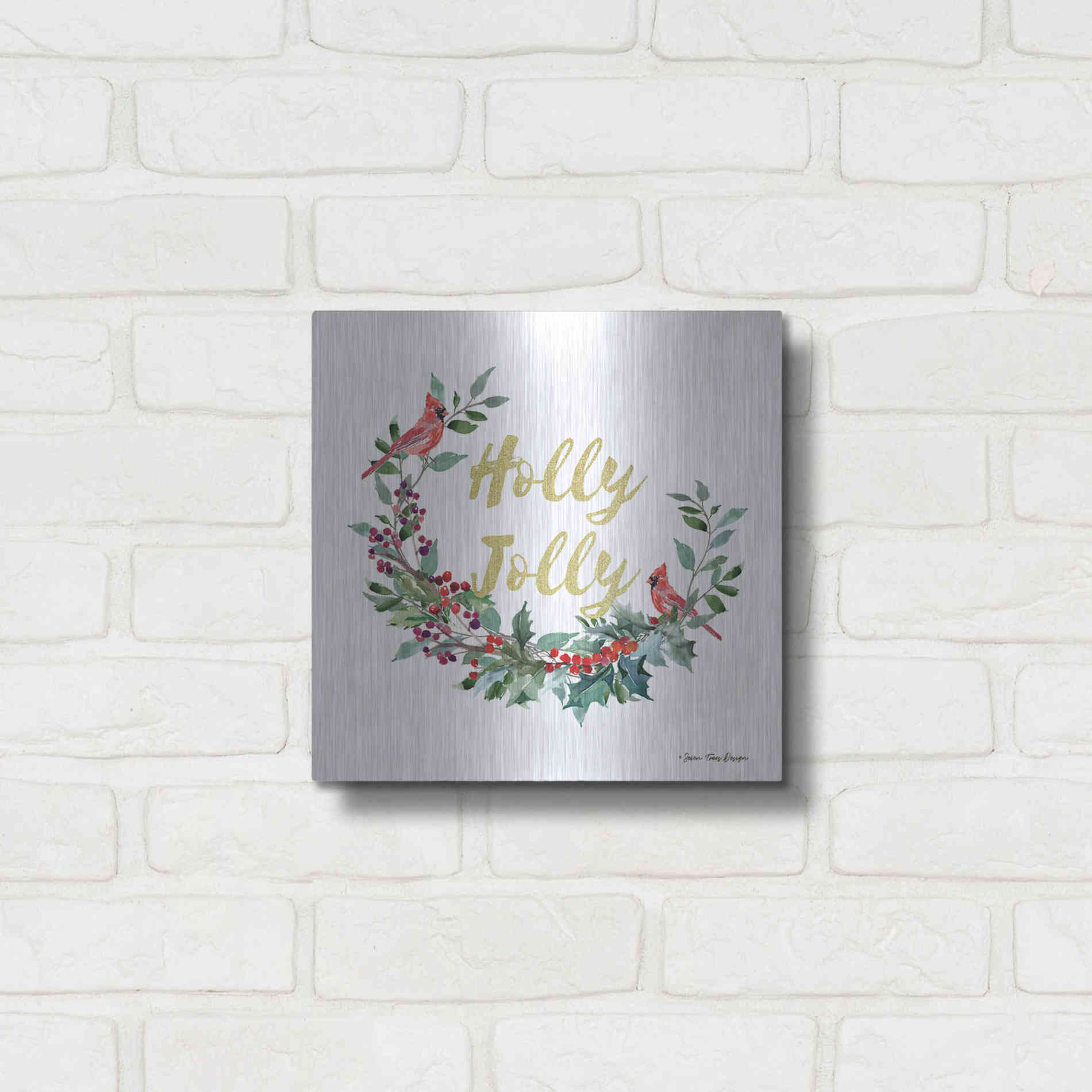 Luxe Metal Art 'Holly Jolly Cardinal Wreath' by Seven Trees Design, Metal Wall Art,12x12