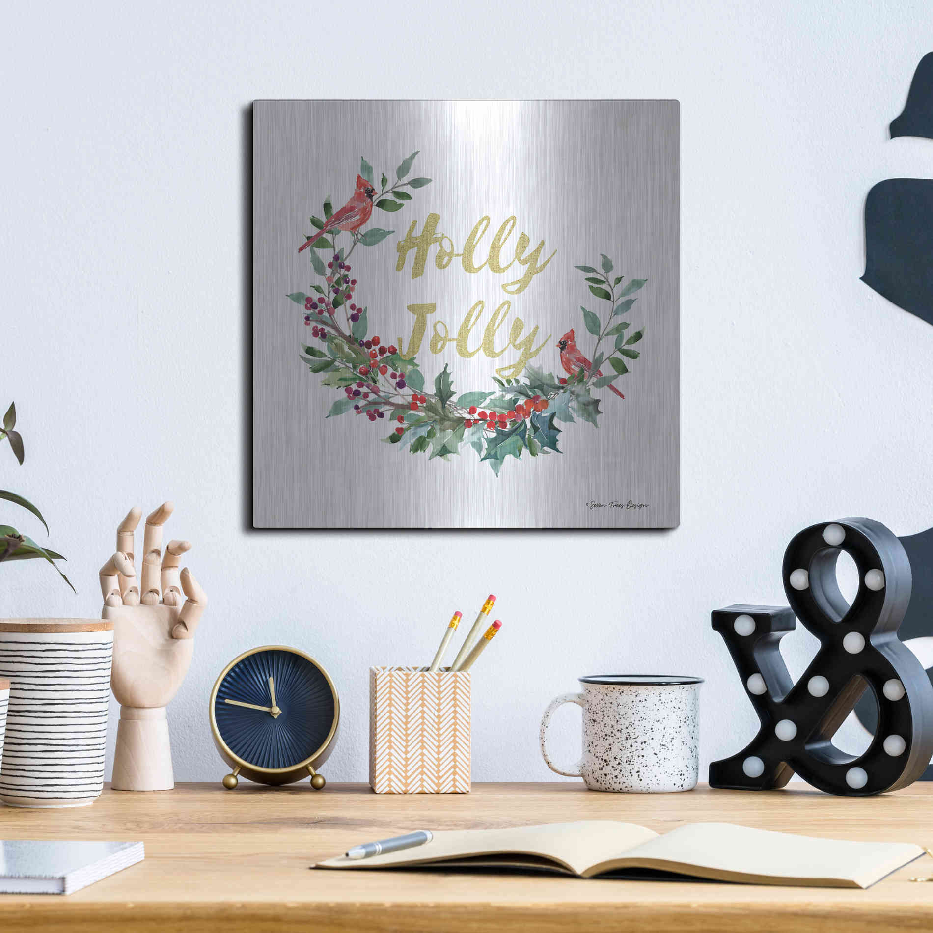 Luxe Metal Art 'Holly Jolly Cardinal Wreath' by Seven Trees Design, Metal Wall Art,12x12