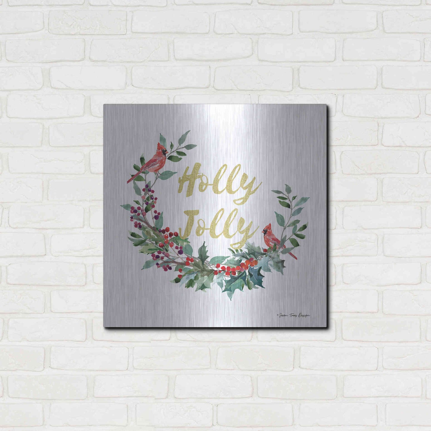 Luxe Metal Art 'Holly Jolly Cardinal Wreath' by Seven Trees Design, Metal Wall Art,24x24