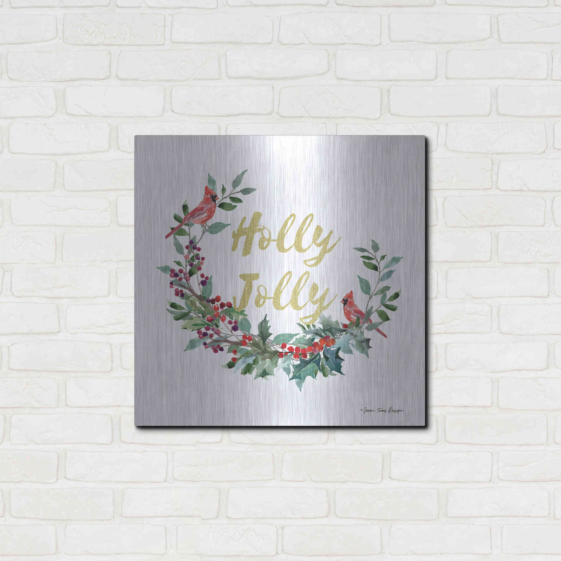 Luxe Metal Art 'Holly Jolly Cardinal Wreath' by Seven Trees Design, Metal Wall Art,24x24