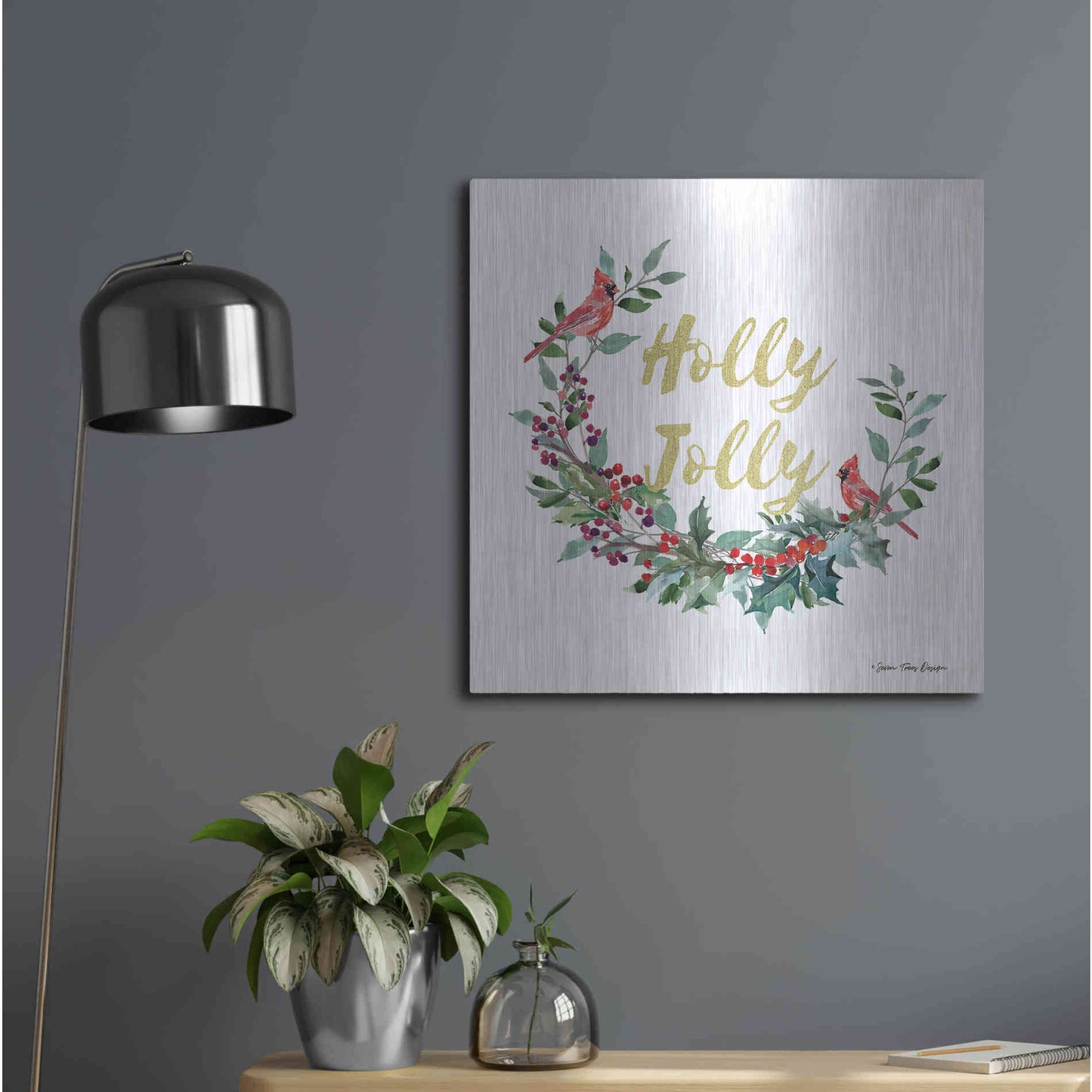 Luxe Metal Art 'Holly Jolly Cardinal Wreath' by Seven Trees Design, Metal Wall Art,24x24