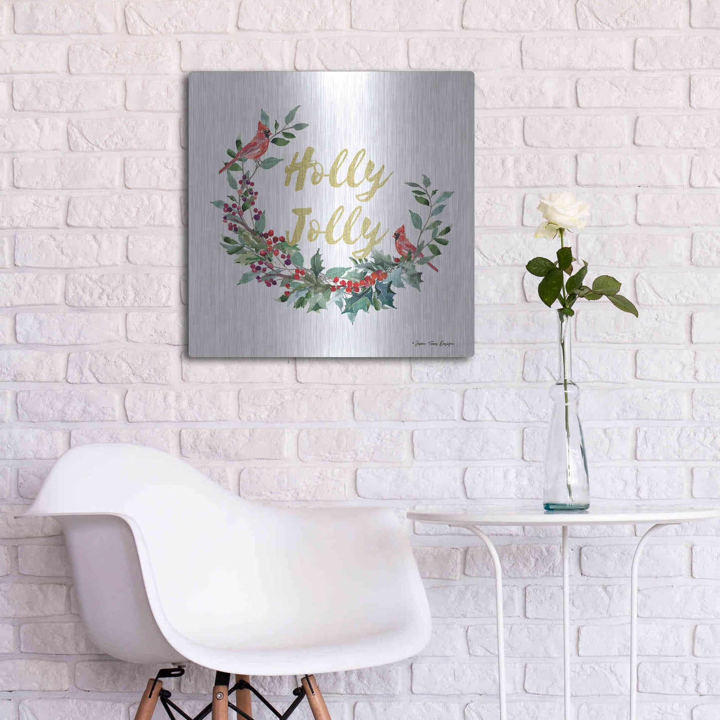 Luxe Metal Art 'Holly Jolly Cardinal Wreath' by Seven Trees Design, Metal Wall Art,24x24