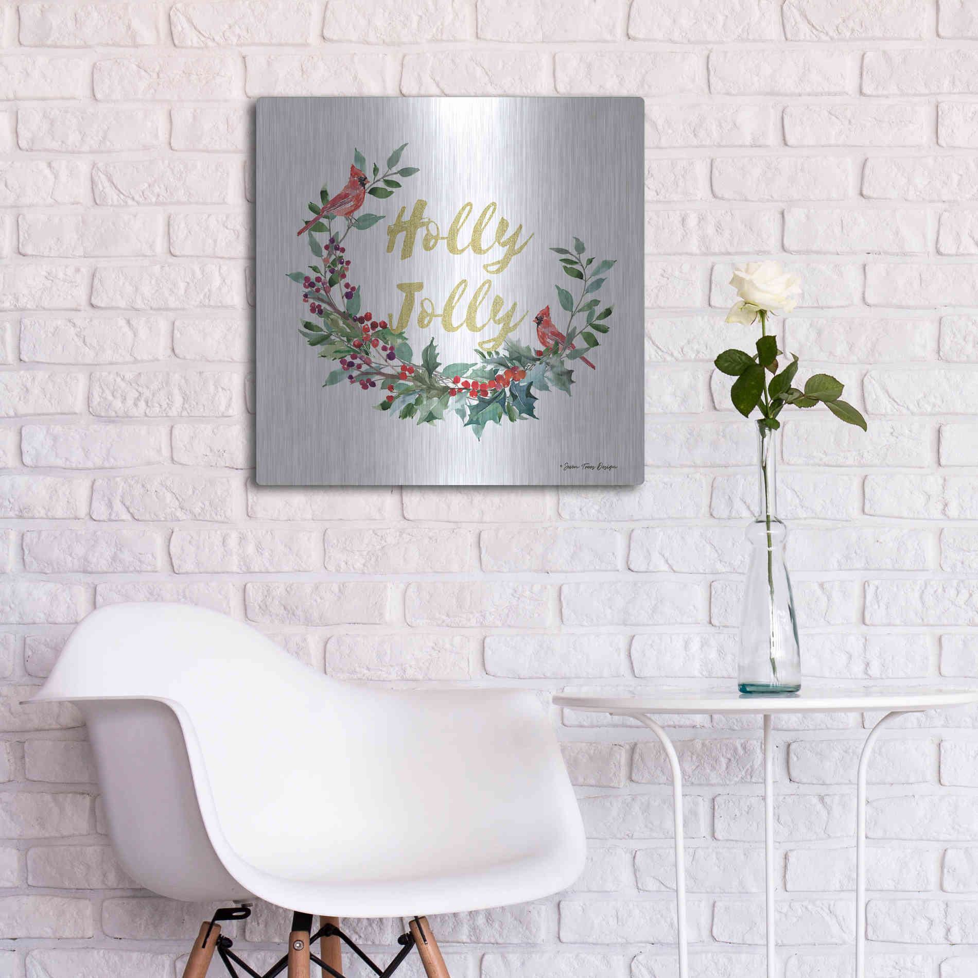 Luxe Metal Art 'Holly Jolly Cardinal Wreath' by Seven Trees Design, Metal Wall Art,24x24