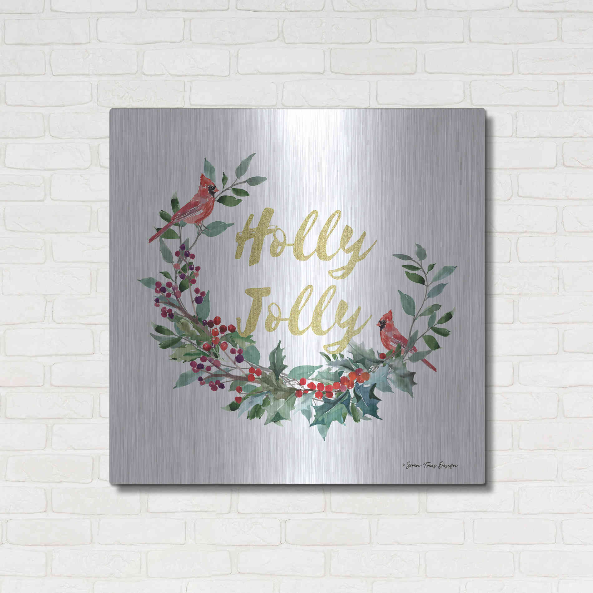 Luxe Metal Art 'Holly Jolly Cardinal Wreath' by Seven Trees Design, Metal Wall Art,36x36