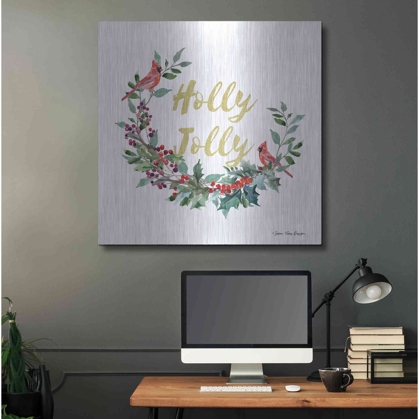Luxe Metal Art 'Holly Jolly Cardinal Wreath' by Seven Trees Design, Metal Wall Art,36x36