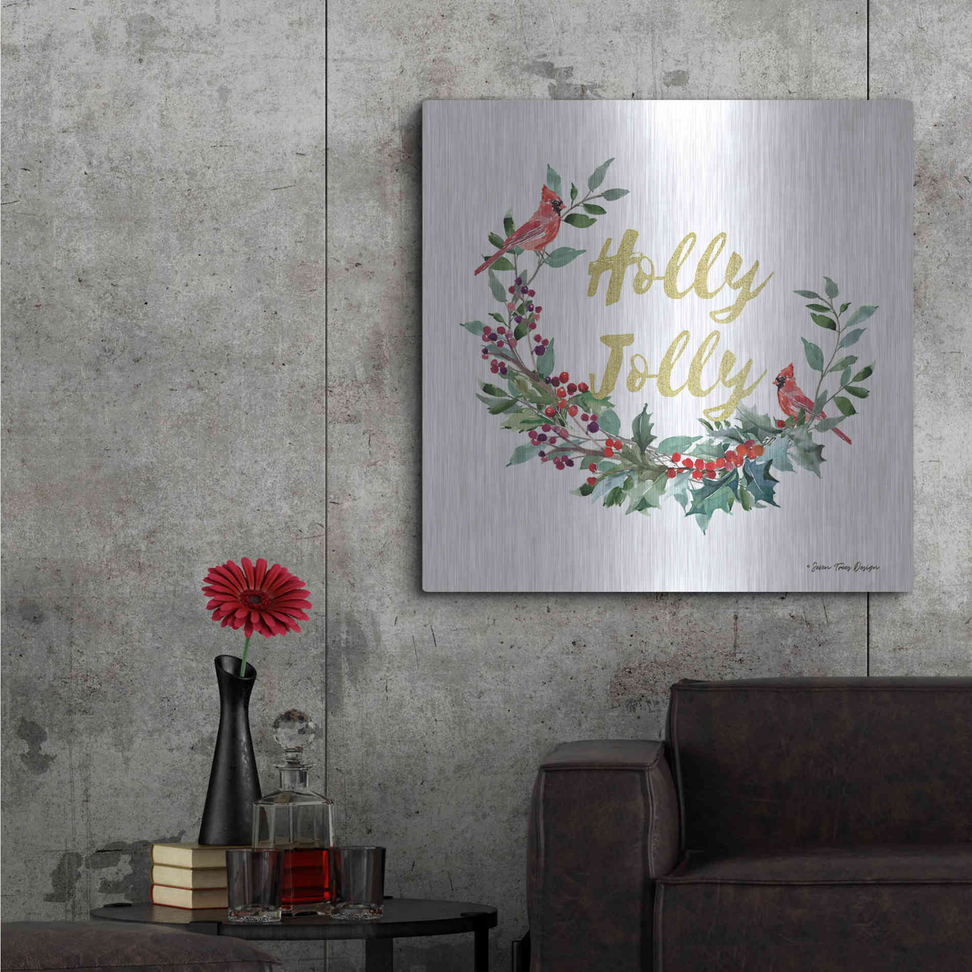 Luxe Metal Art 'Holly Jolly Cardinal Wreath' by Seven Trees Design, Metal Wall Art,36x36