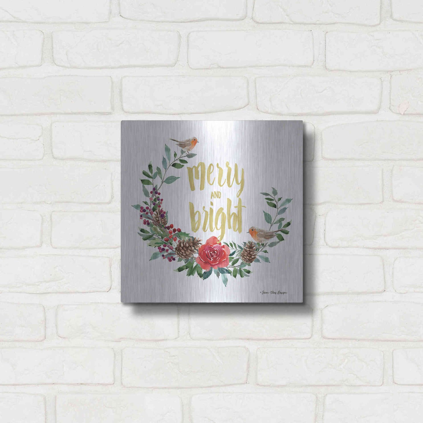 Luxe Metal Art 'Merry and Bright Robin Wreath' by Seven Trees Design, Metal Wall Art,12x12