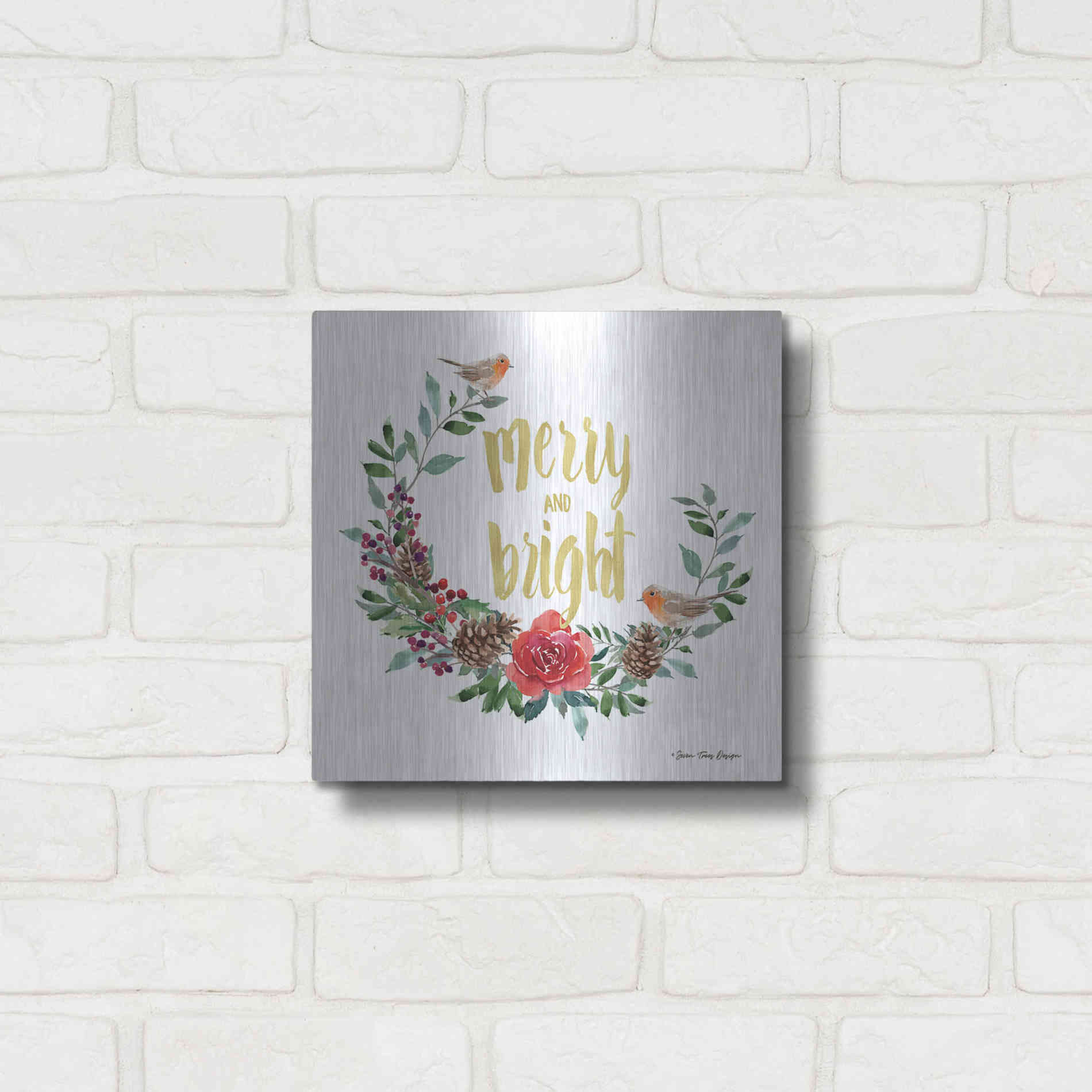 Luxe Metal Art 'Merry and Bright Robin Wreath' by Seven Trees Design, Metal Wall Art,12x12