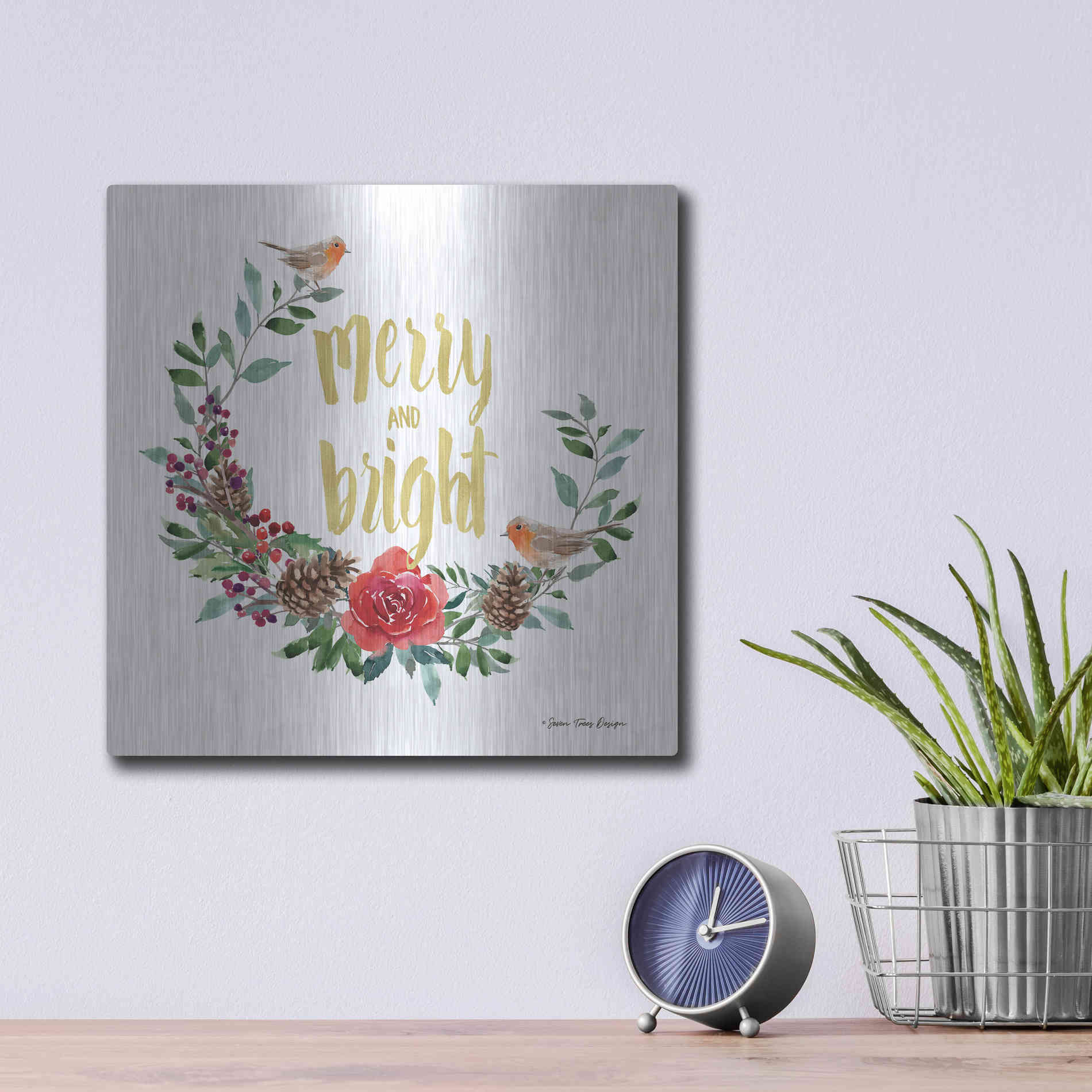 Luxe Metal Art 'Merry and Bright Robin Wreath' by Seven Trees Design, Metal Wall Art,12x12