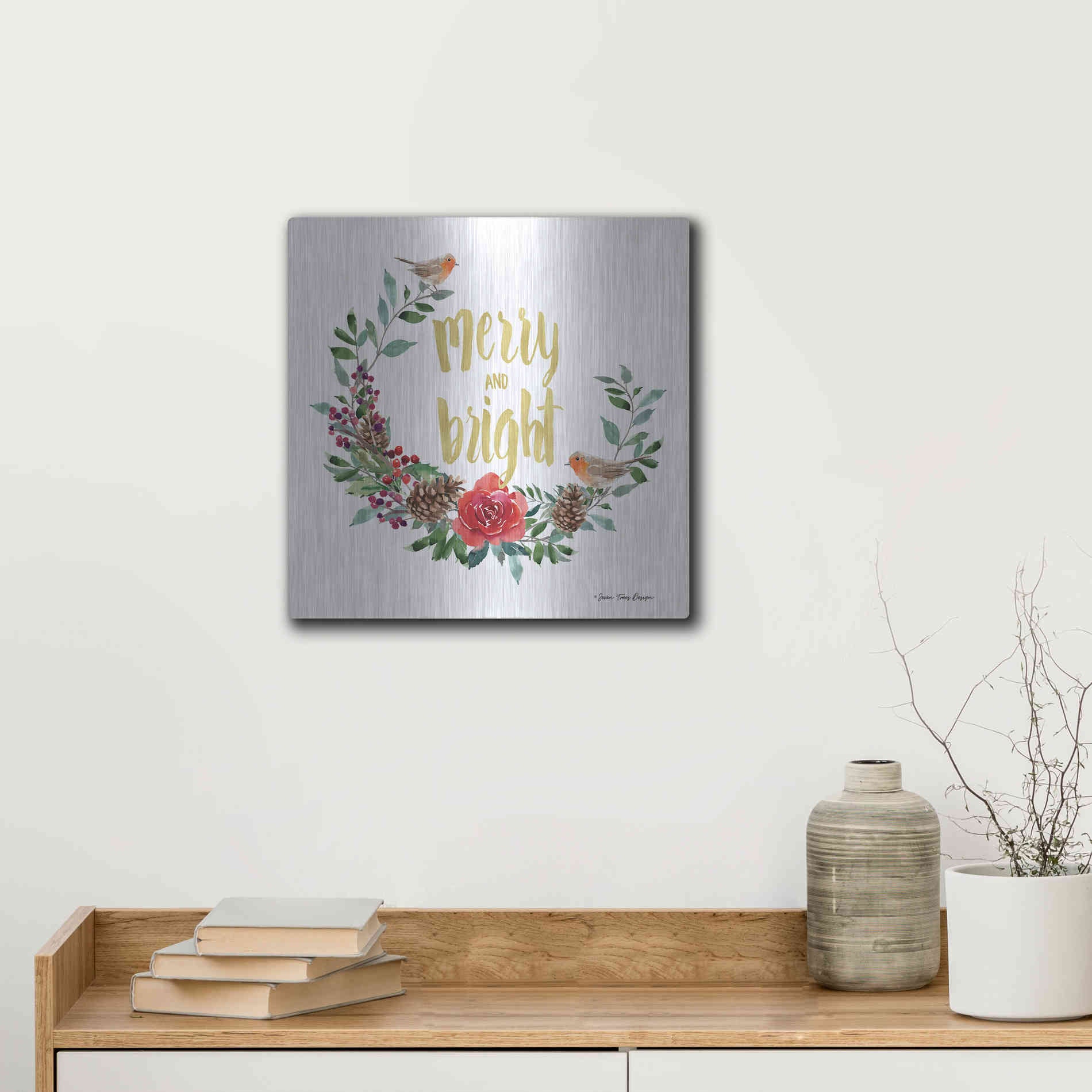 Luxe Metal Art 'Merry and Bright Robin Wreath' by Seven Trees Design, Metal Wall Art,12x12