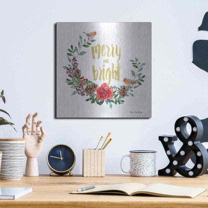 Luxe Metal Art 'Merry and Bright Robin Wreath' by Seven Trees Design, Metal Wall Art,12x12