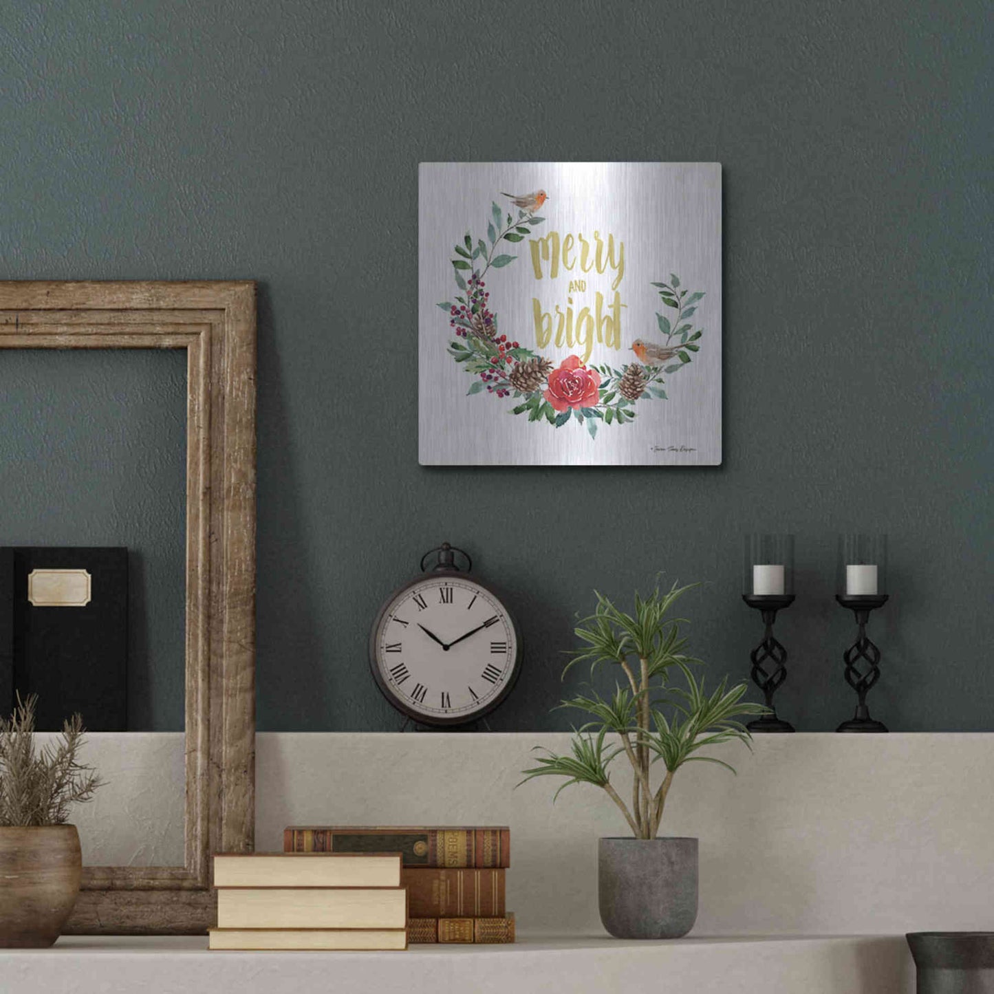 Luxe Metal Art 'Merry and Bright Robin Wreath' by Seven Trees Design, Metal Wall Art,12x12
