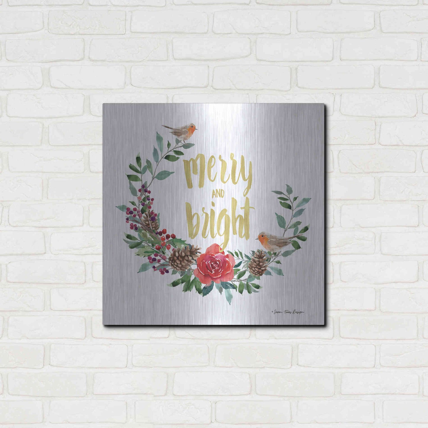 Luxe Metal Art 'Merry and Bright Robin Wreath' by Seven Trees Design, Metal Wall Art,24x24