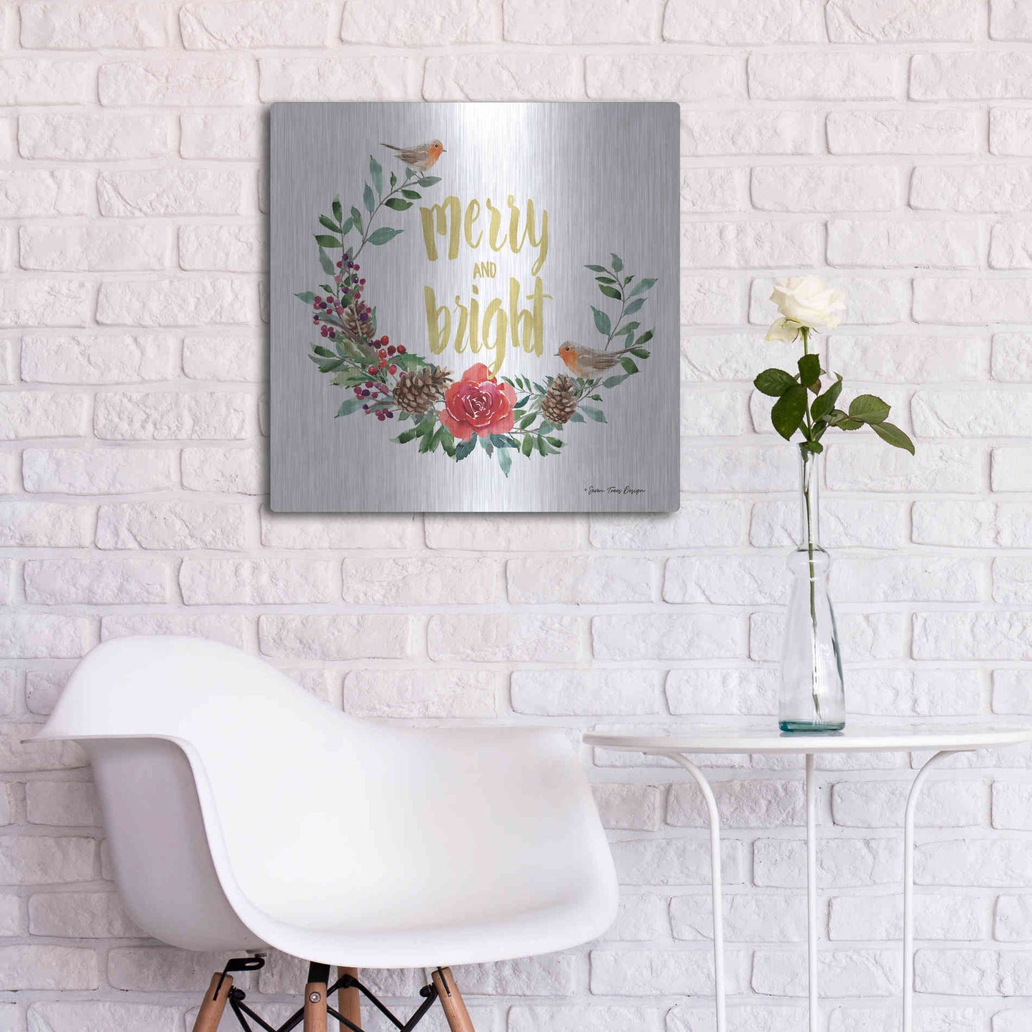 Luxe Metal Art 'Merry and Bright Robin Wreath' by Seven Trees Design, Metal Wall Art,24x24