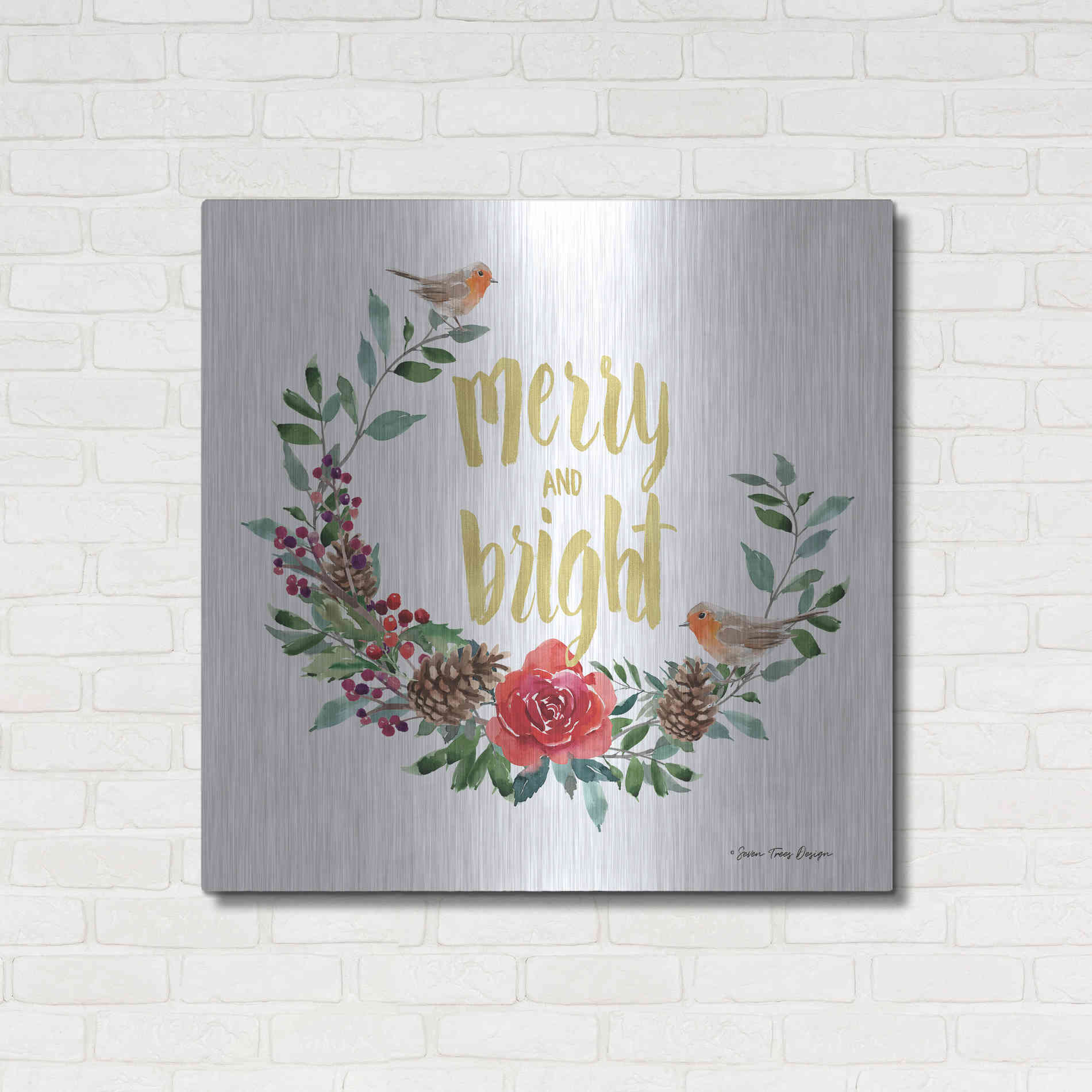 Luxe Metal Art 'Merry and Bright Robin Wreath' by Seven Trees Design, Metal Wall Art,36x36