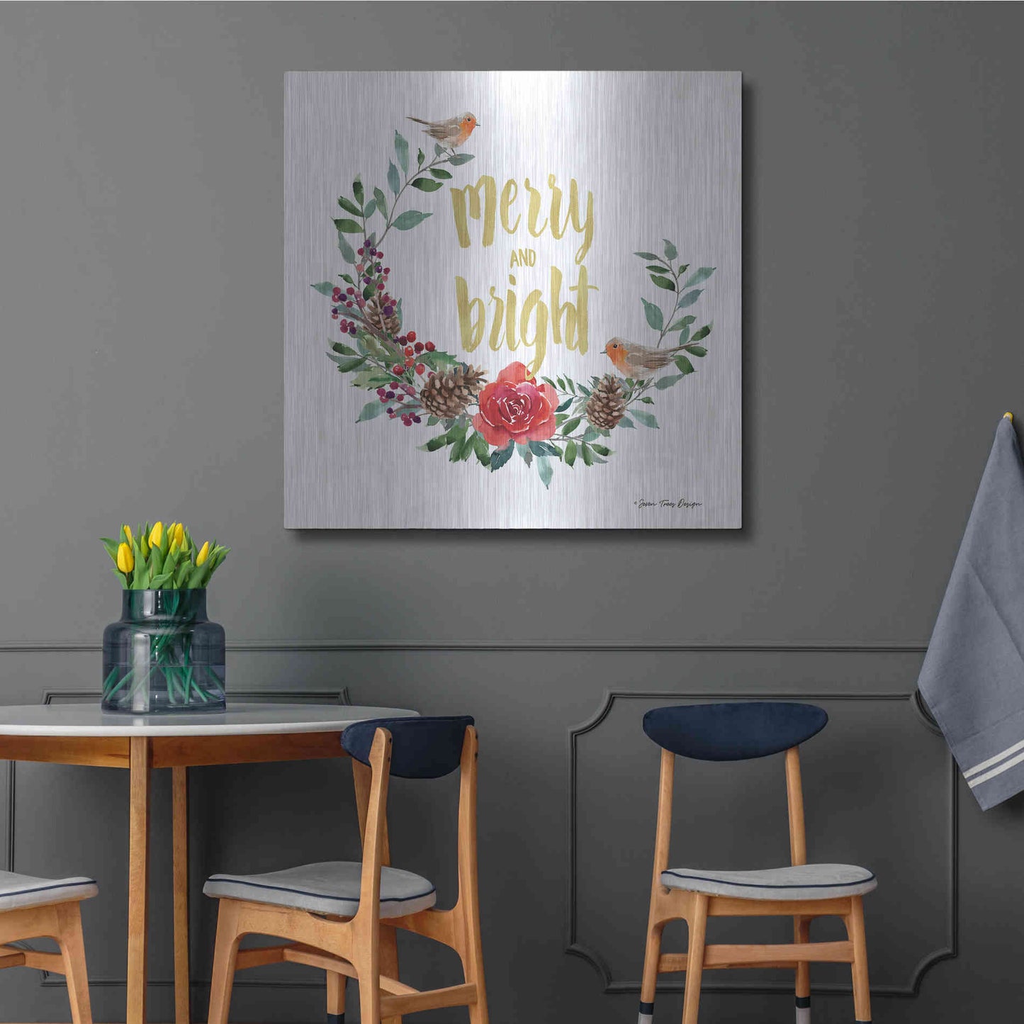 Luxe Metal Art 'Merry and Bright Robin Wreath' by Seven Trees Design, Metal Wall Art,36x36