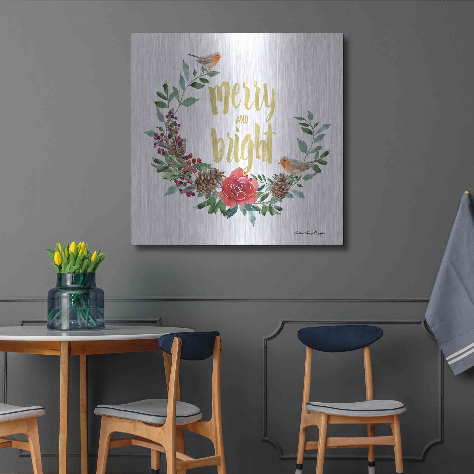 Luxe Metal Art 'Merry and Bright Robin Wreath' by Seven Trees Design, Metal Wall Art,36x36