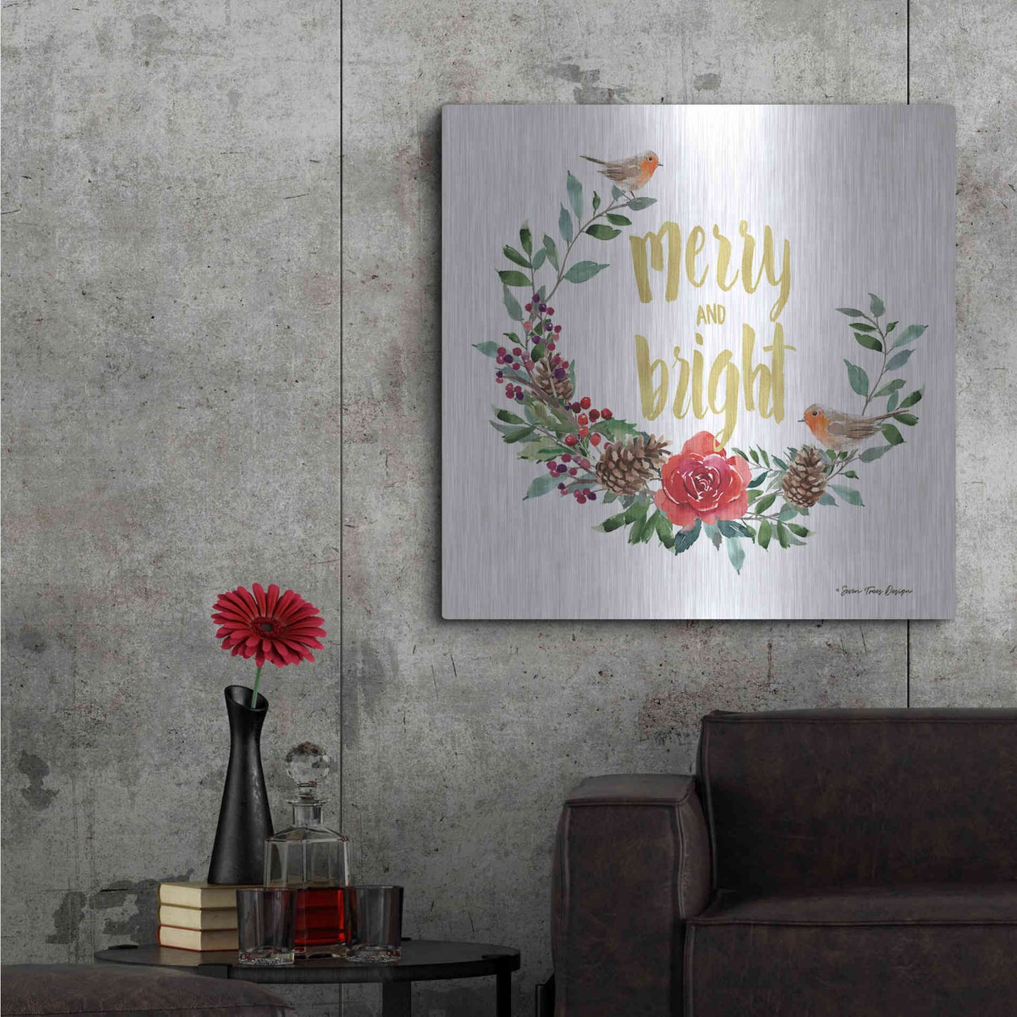 Luxe Metal Art 'Merry and Bright Robin Wreath' by Seven Trees Design, Metal Wall Art,36x36