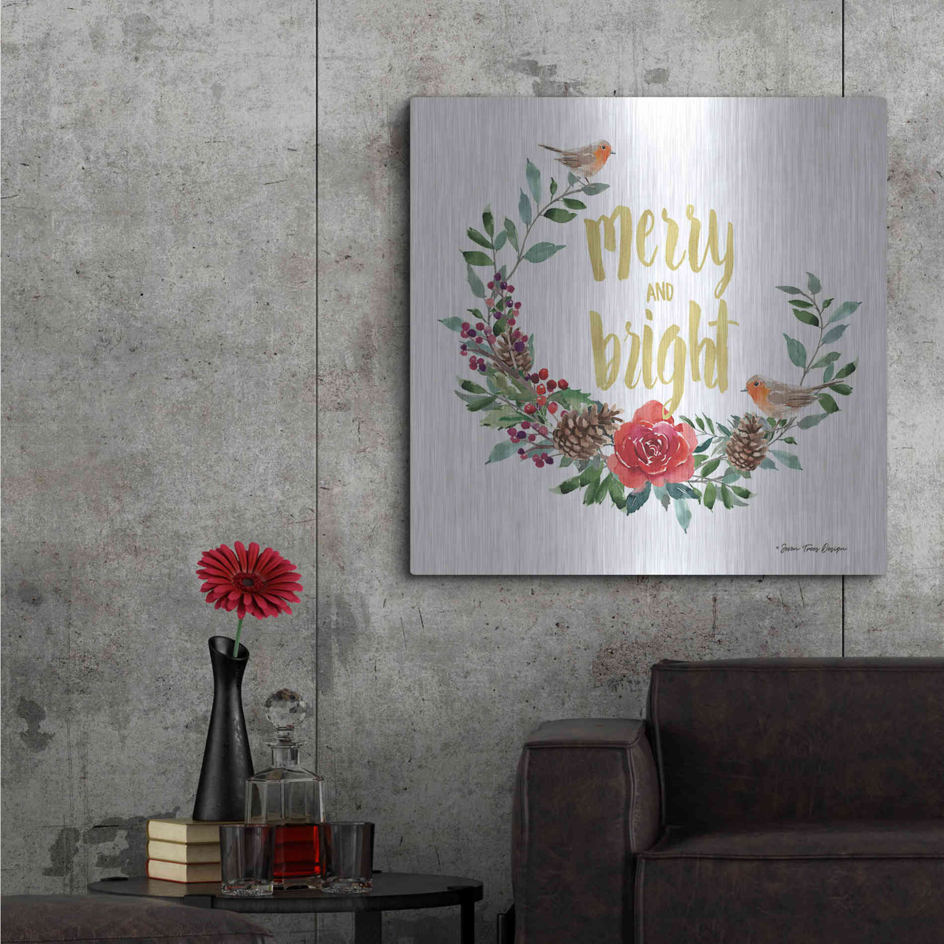 Luxe Metal Art 'Merry and Bright Robin Wreath' by Seven Trees Design, Metal Wall Art,36x36