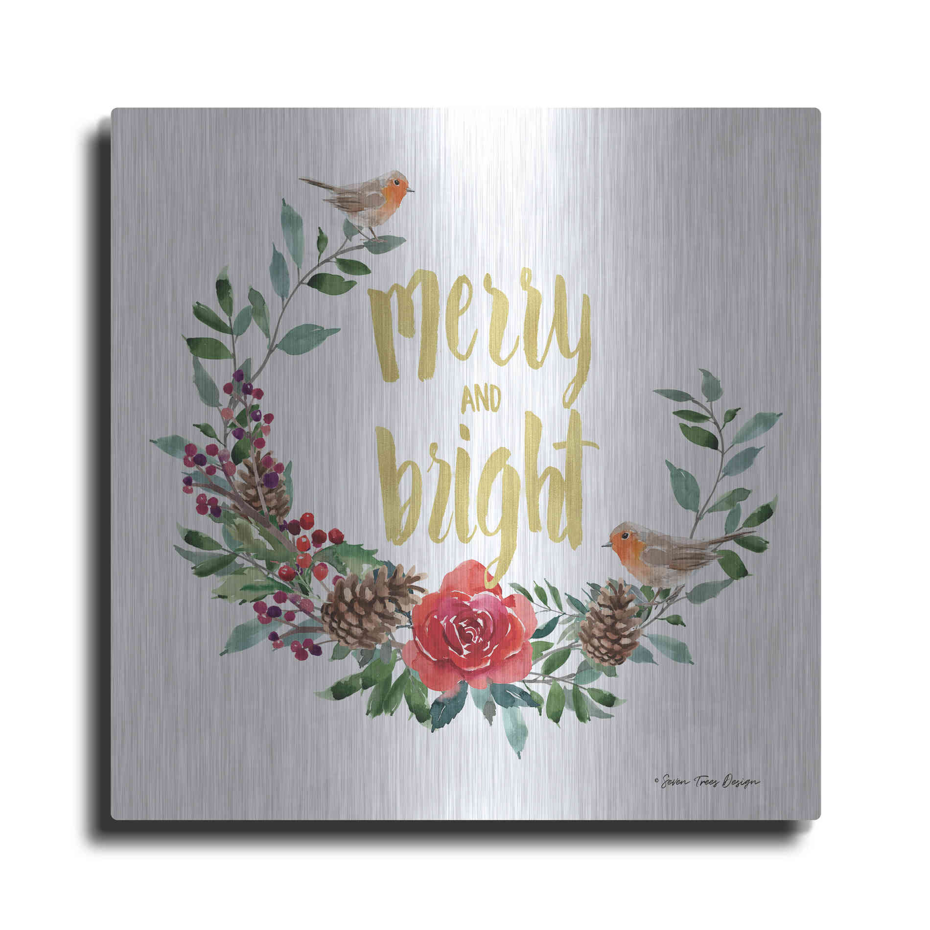 Luxe Metal Art 'Merry and Bright Robin Wreath' by Seven Trees Design, Metal Wall Art