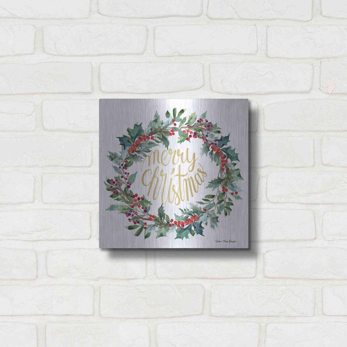 Luxe Metal Art 'Merry Christmas Holly Wreath' by Seven Trees Design, Metal Wall Art,12x12