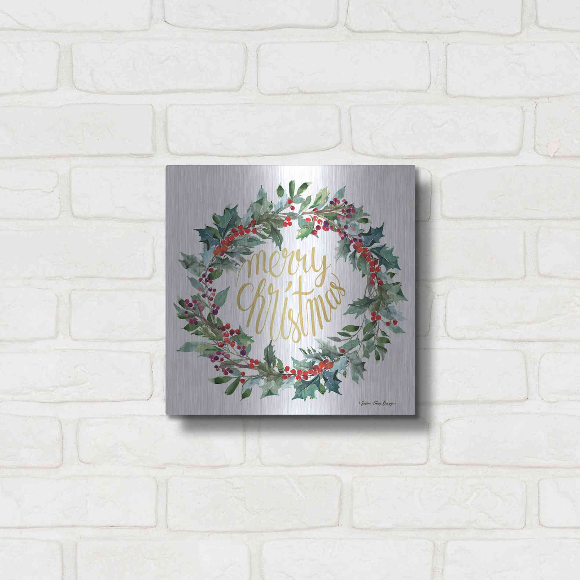 Luxe Metal Art 'Merry Christmas Holly Wreath' by Seven Trees Design, Metal Wall Art,12x12