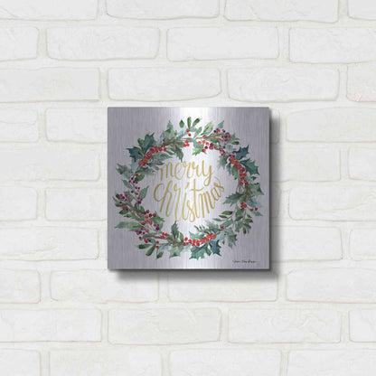Luxe Metal Art 'Merry Christmas Holly Wreath' by Seven Trees Design, Metal Wall Art,12x12