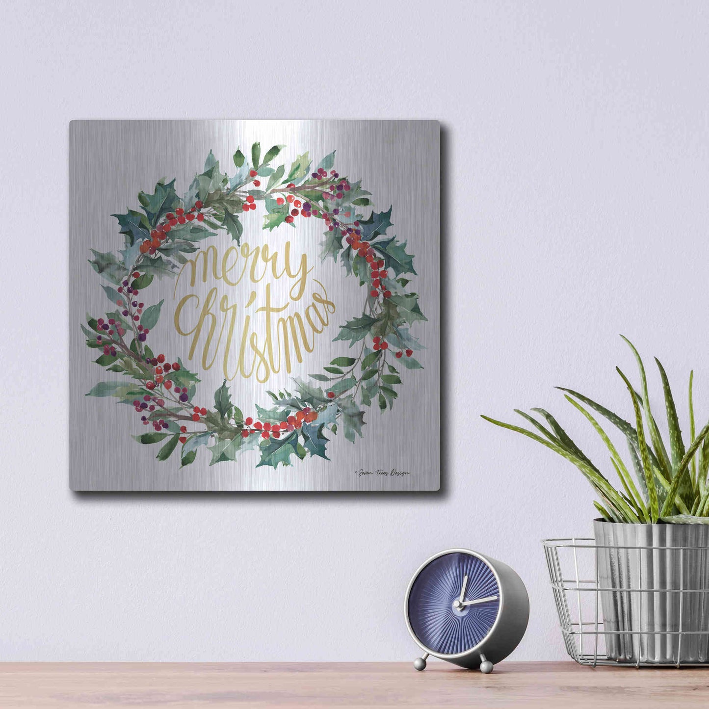 Luxe Metal Art 'Merry Christmas Holly Wreath' by Seven Trees Design, Metal Wall Art,12x12