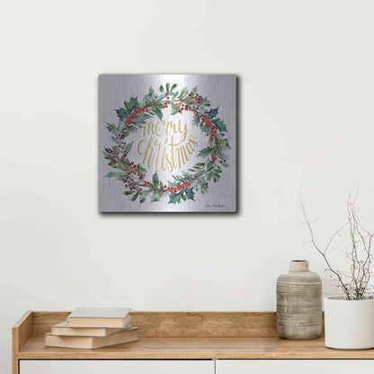 Luxe Metal Art 'Merry Christmas Holly Wreath' by Seven Trees Design, Metal Wall Art,12x12