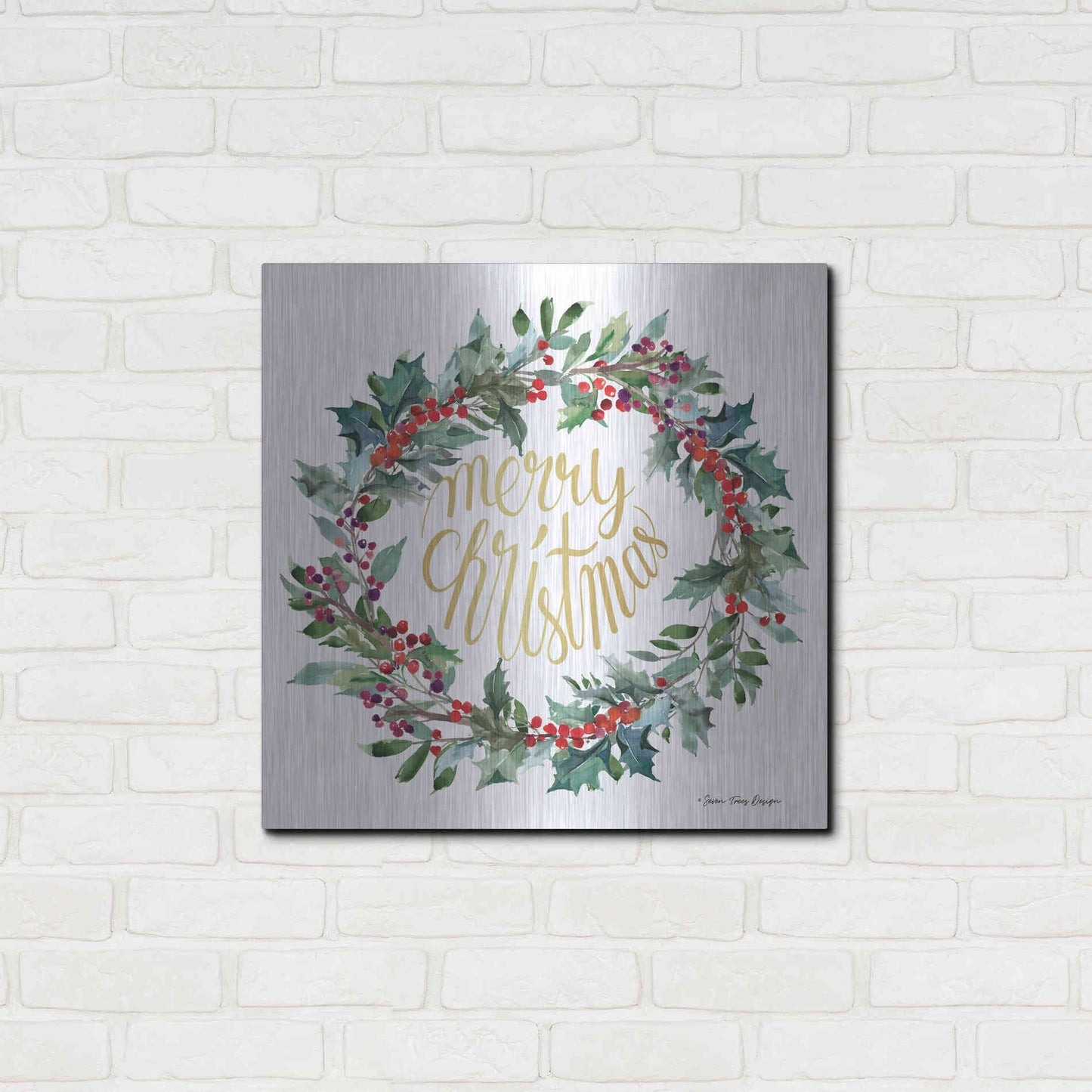 Luxe Metal Art 'Merry Christmas Holly Wreath' by Seven Trees Design, Metal Wall Art,24x24