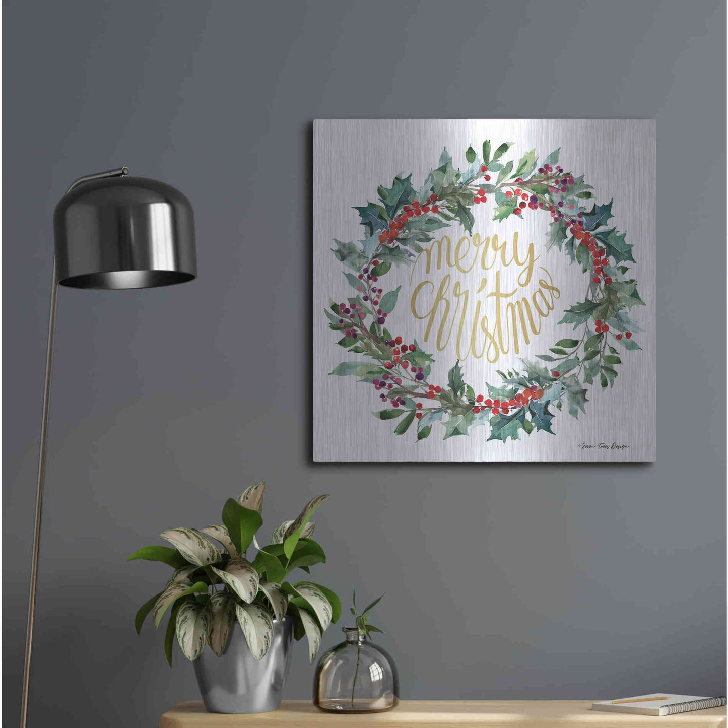 Luxe Metal Art 'Merry Christmas Holly Wreath' by Seven Trees Design, Metal Wall Art,24x24