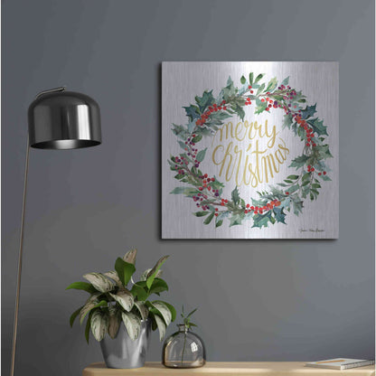Luxe Metal Art 'Merry Christmas Holly Wreath' by Seven Trees Design, Metal Wall Art,24x24