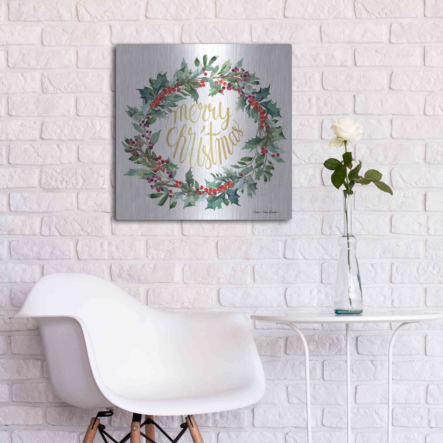 Luxe Metal Art 'Merry Christmas Holly Wreath' by Seven Trees Design, Metal Wall Art,24x24