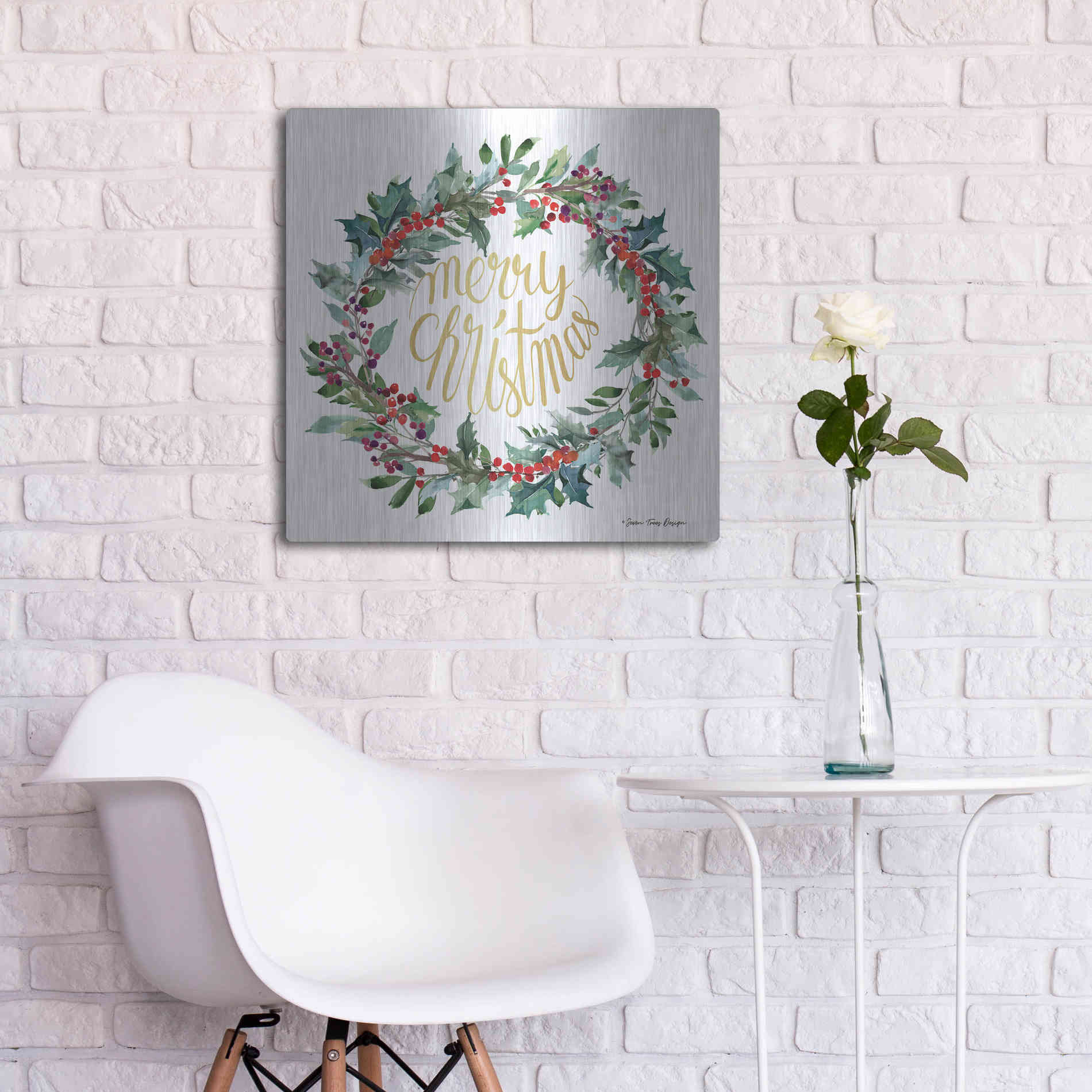 Luxe Metal Art 'Merry Christmas Holly Wreath' by Seven Trees Design, Metal Wall Art,24x24