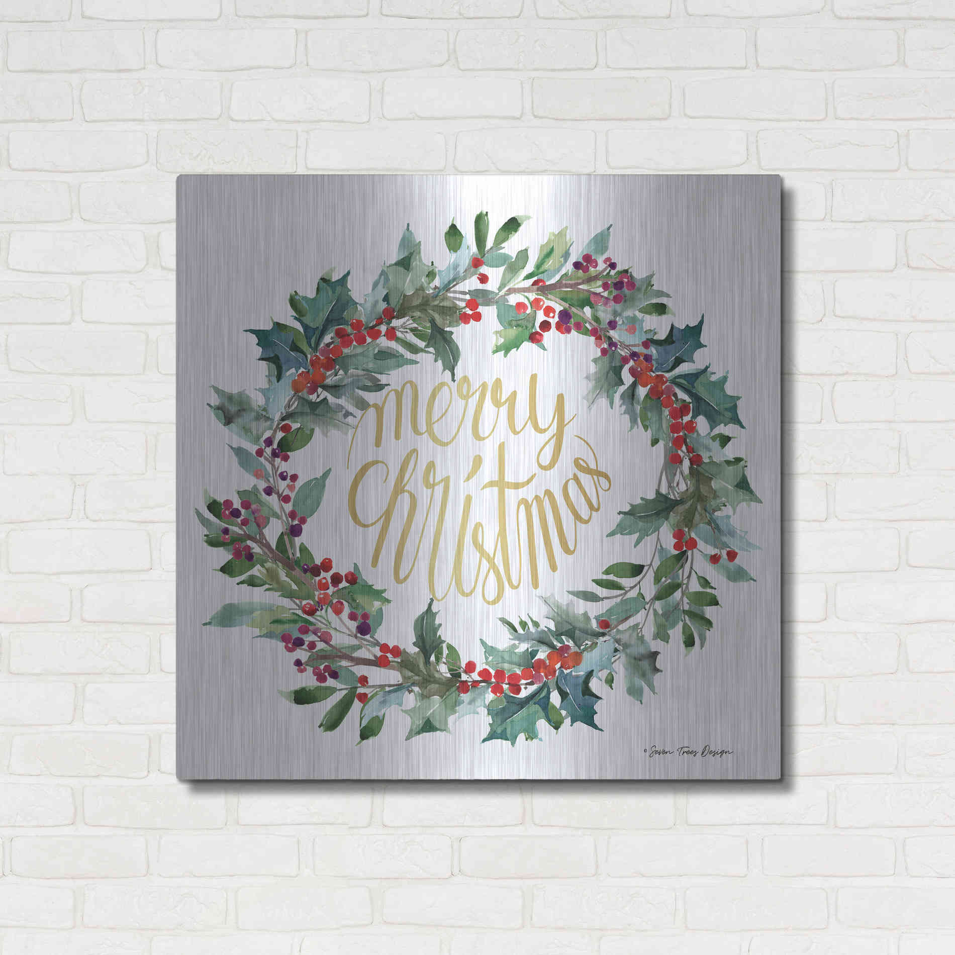 Luxe Metal Art 'Merry Christmas Holly Wreath' by Seven Trees Design, Metal Wall Art,36x36