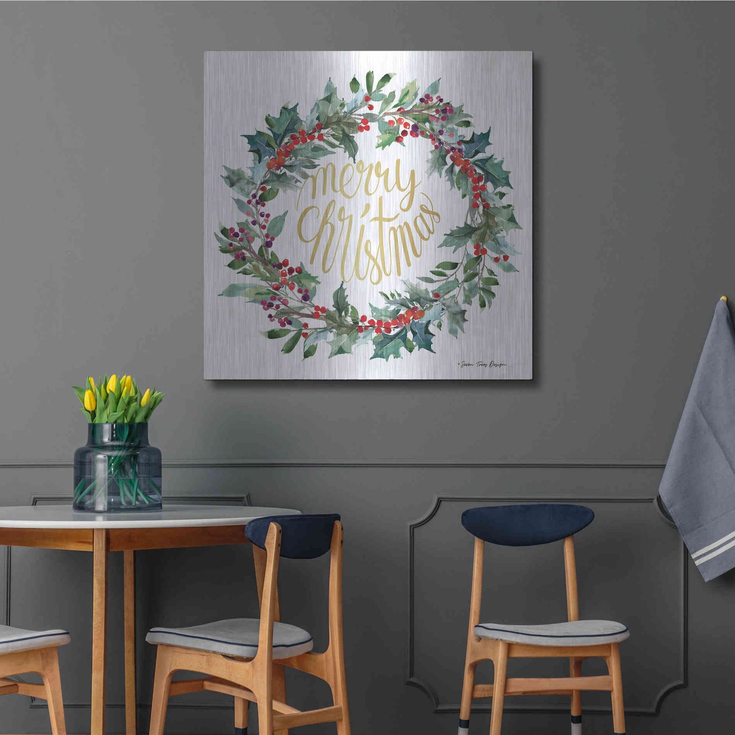 Luxe Metal Art 'Merry Christmas Holly Wreath' by Seven Trees Design, Metal Wall Art,36x36