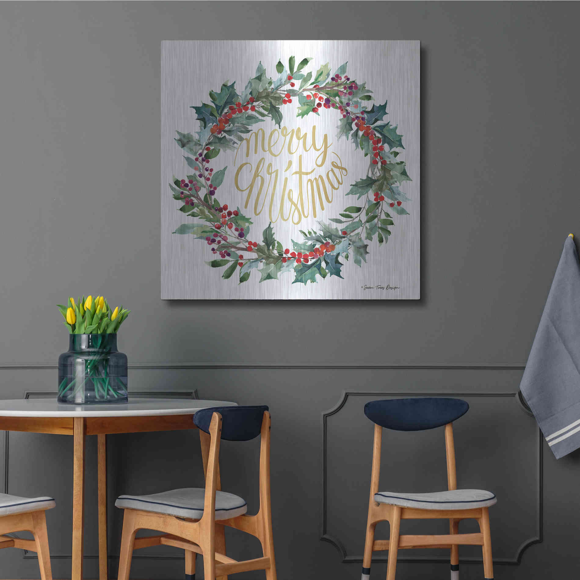 Luxe Metal Art 'Merry Christmas Holly Wreath' by Seven Trees Design, Metal Wall Art,36x36