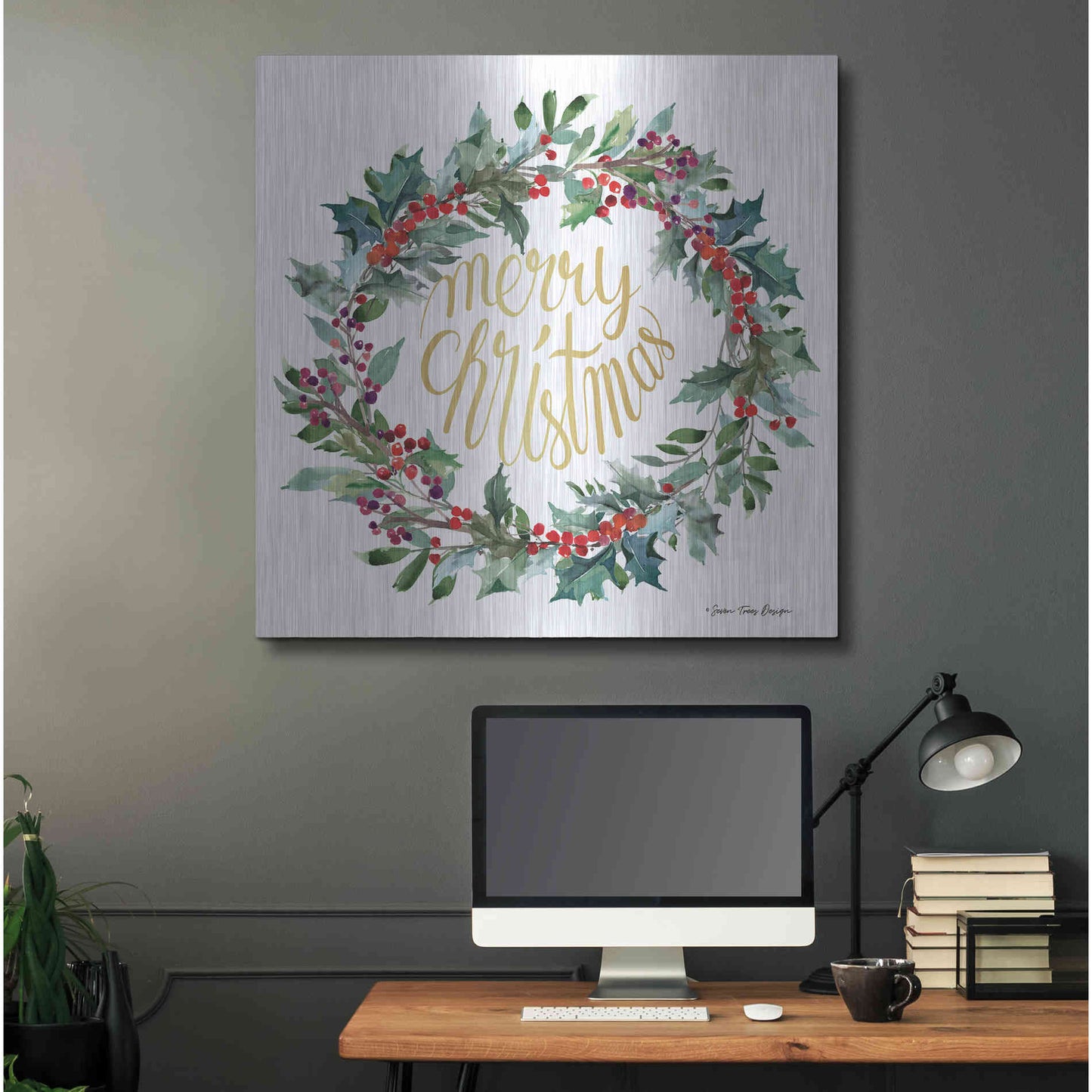 Luxe Metal Art 'Merry Christmas Holly Wreath' by Seven Trees Design, Metal Wall Art,36x36