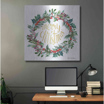 Luxe Metal Art 'Merry Christmas Holly Wreath' by Seven Trees Design, Metal Wall Art,36x36