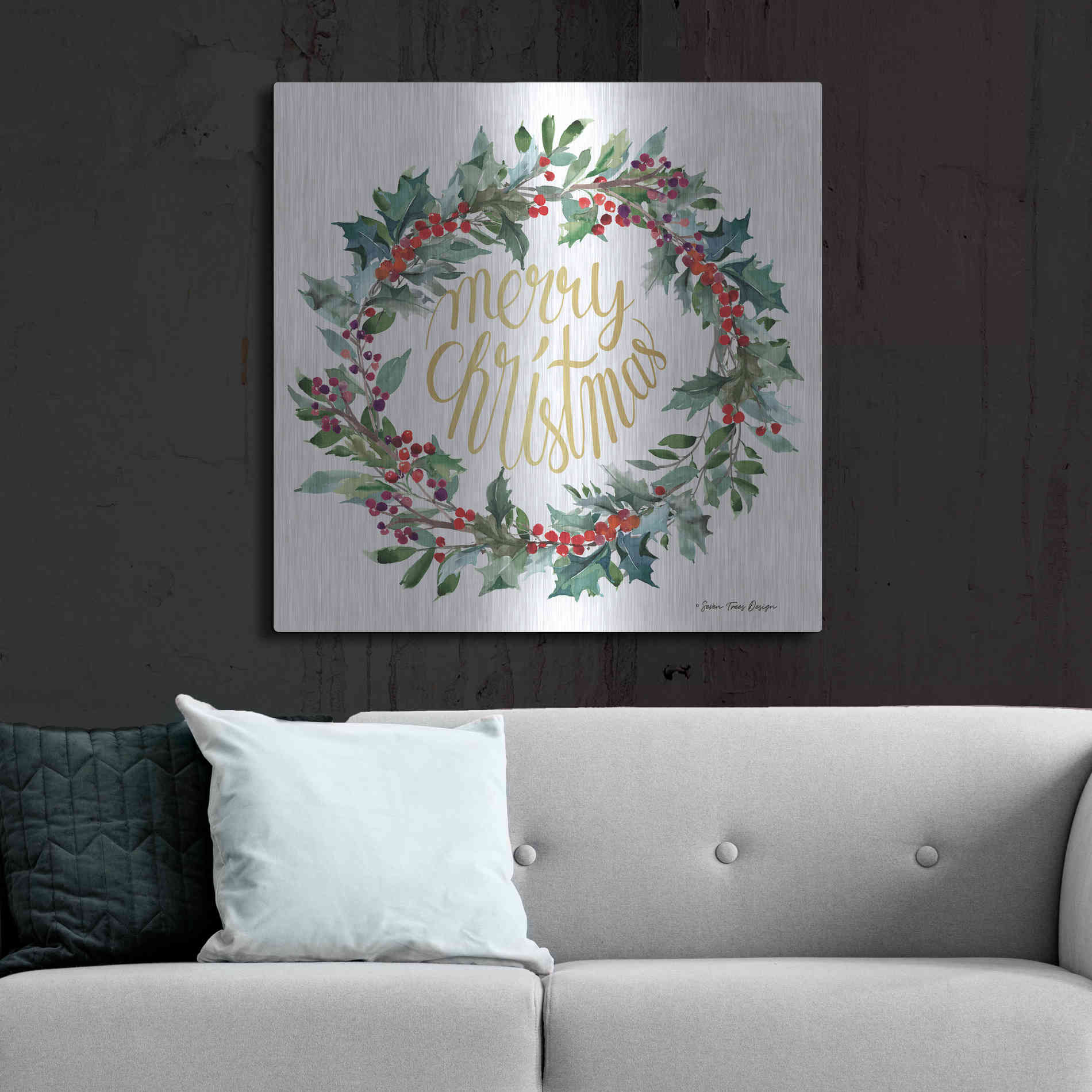 Luxe Metal Art 'Merry Christmas Holly Wreath' by Seven Trees Design, Metal Wall Art,36x36