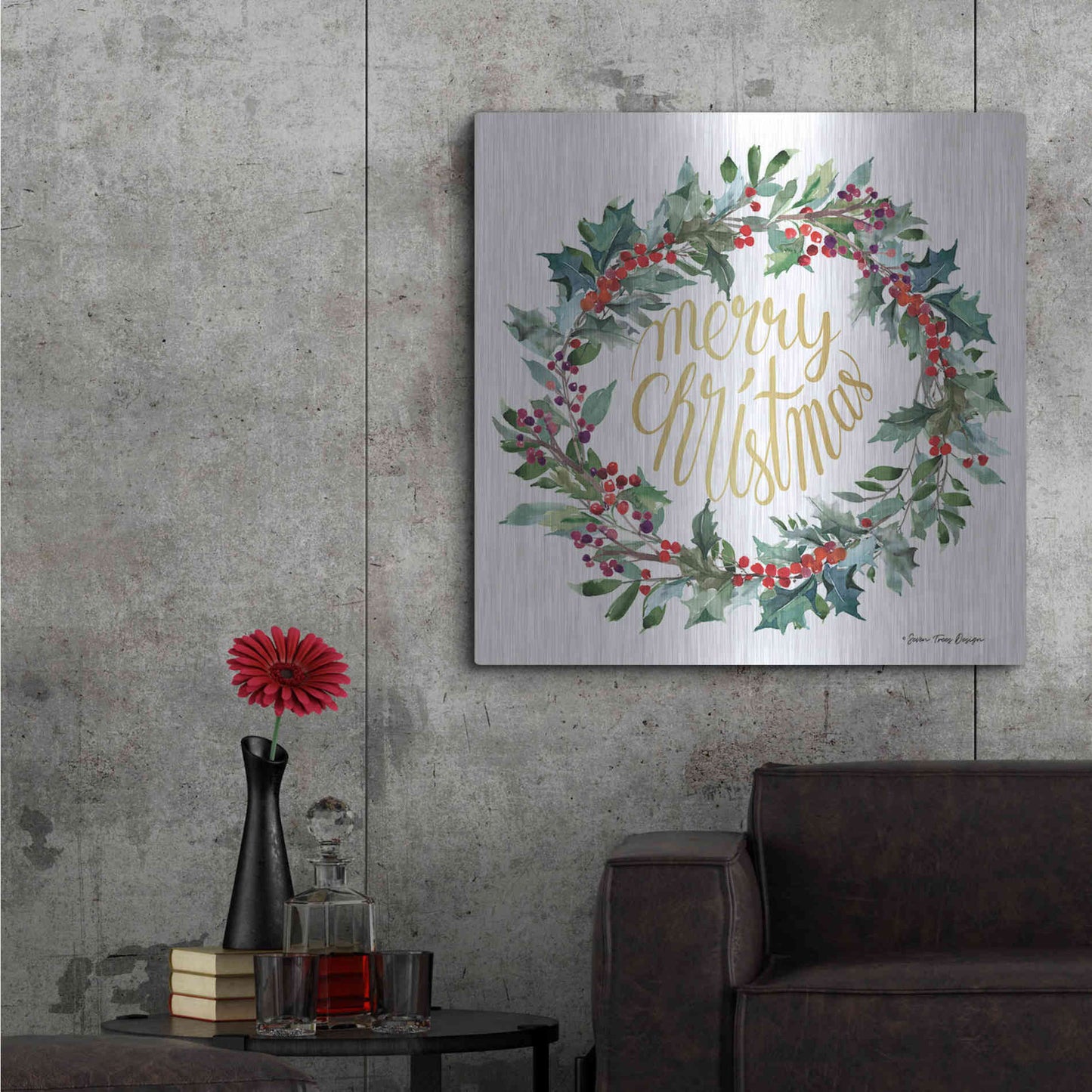 Luxe Metal Art 'Merry Christmas Holly Wreath' by Seven Trees Design, Metal Wall Art,36x36