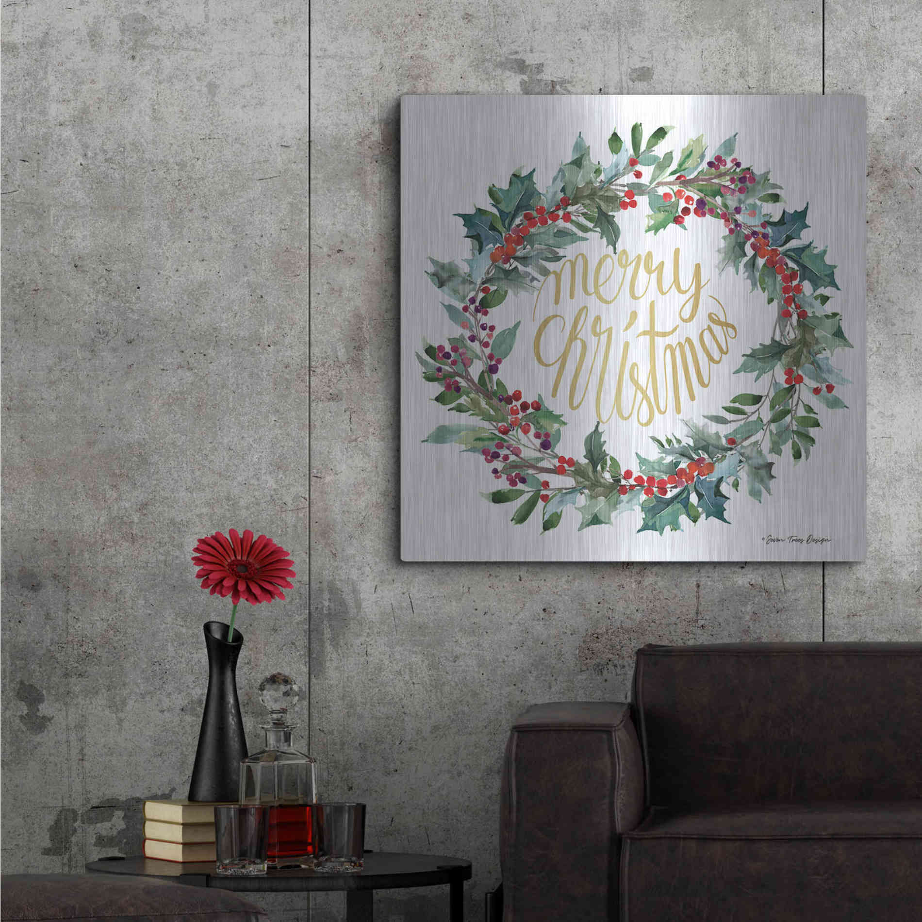 Luxe Metal Art 'Merry Christmas Holly Wreath' by Seven Trees Design, Metal Wall Art,36x36
