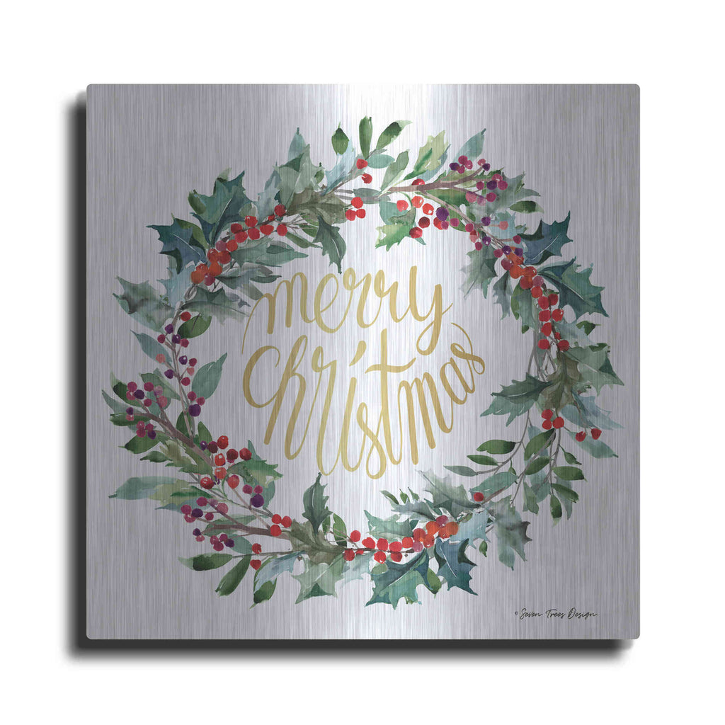 Luxe Metal Art 'Merry Christmas Holly Wreath' by Seven Trees Design, Metal Wall Art