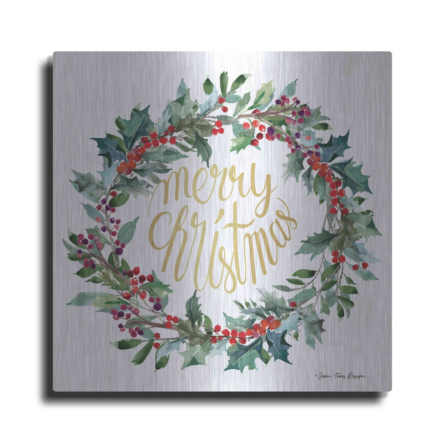 Luxe Metal Art 'Merry Christmas Holly Wreath' by Seven Trees Design, Metal Wall Art