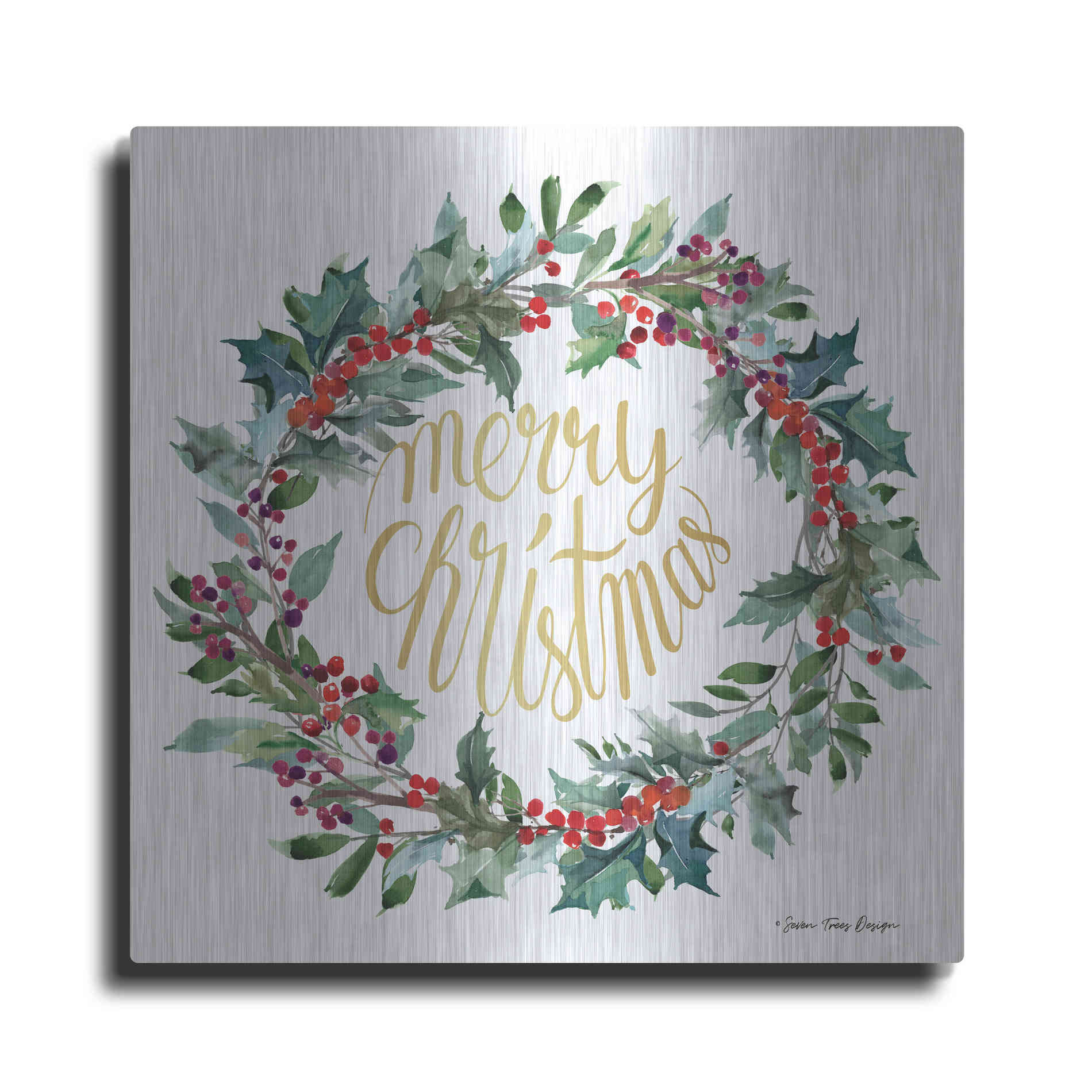 Luxe Metal Art 'Merry Christmas Holly Wreath' by Seven Trees Design, Metal Wall Art